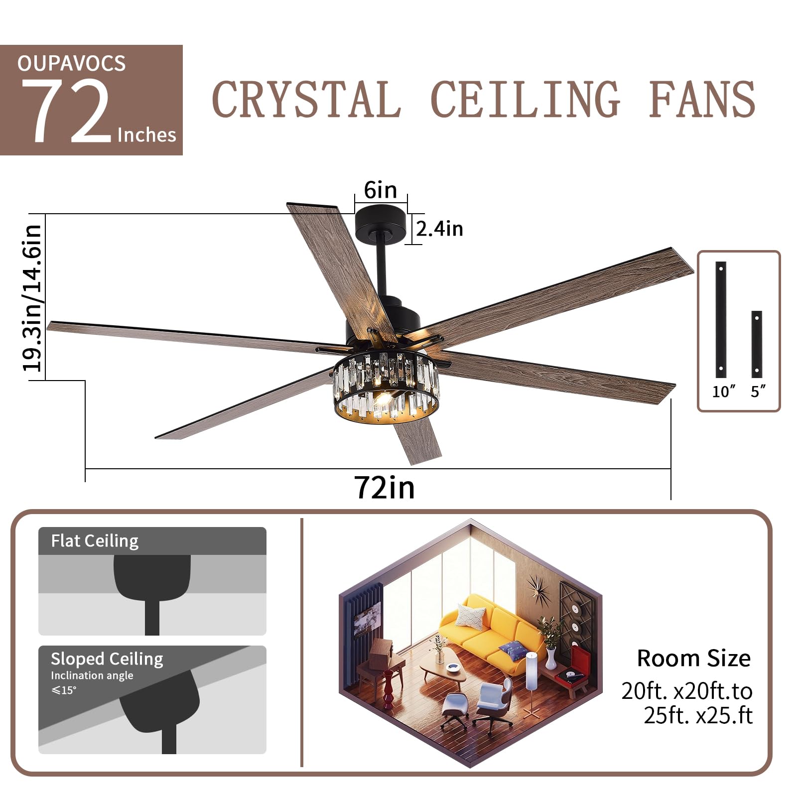 72 Inch Black Ceiling Fan with Lights and Remote Control - Modern DC Motor 6 Speed Settings, 6 Wood Blades, Crystal Light Kit - Large Indoor/Outdoor Fan for Patio, Living Room, Bedroom, Office - Energy Efficient Cooling & Stylish Lighting Solution