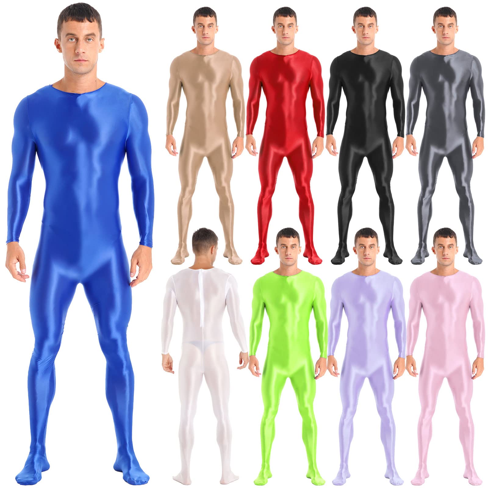 Men's Shiny One-Piece Swimsuit with Long Sleeves & Zipper - Bodystocking Teddy Lingerie for Nightwear, Beach & Pool Party