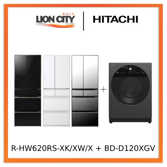 Hitachi R-HW620RS XK/XW/X 416L Multi-Door Refrigerator & BD-D120XGV Front Load Washer Dryer Combo 12/8KG - Energy Efficient Kitchen Appliances for Modern Homes