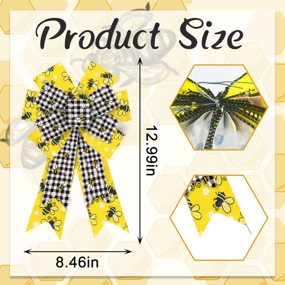 ABTOLS 2PCS Bumble Bee Wreath Bows - Black White Buffalo Plaid for Spring/Summer Door Decor