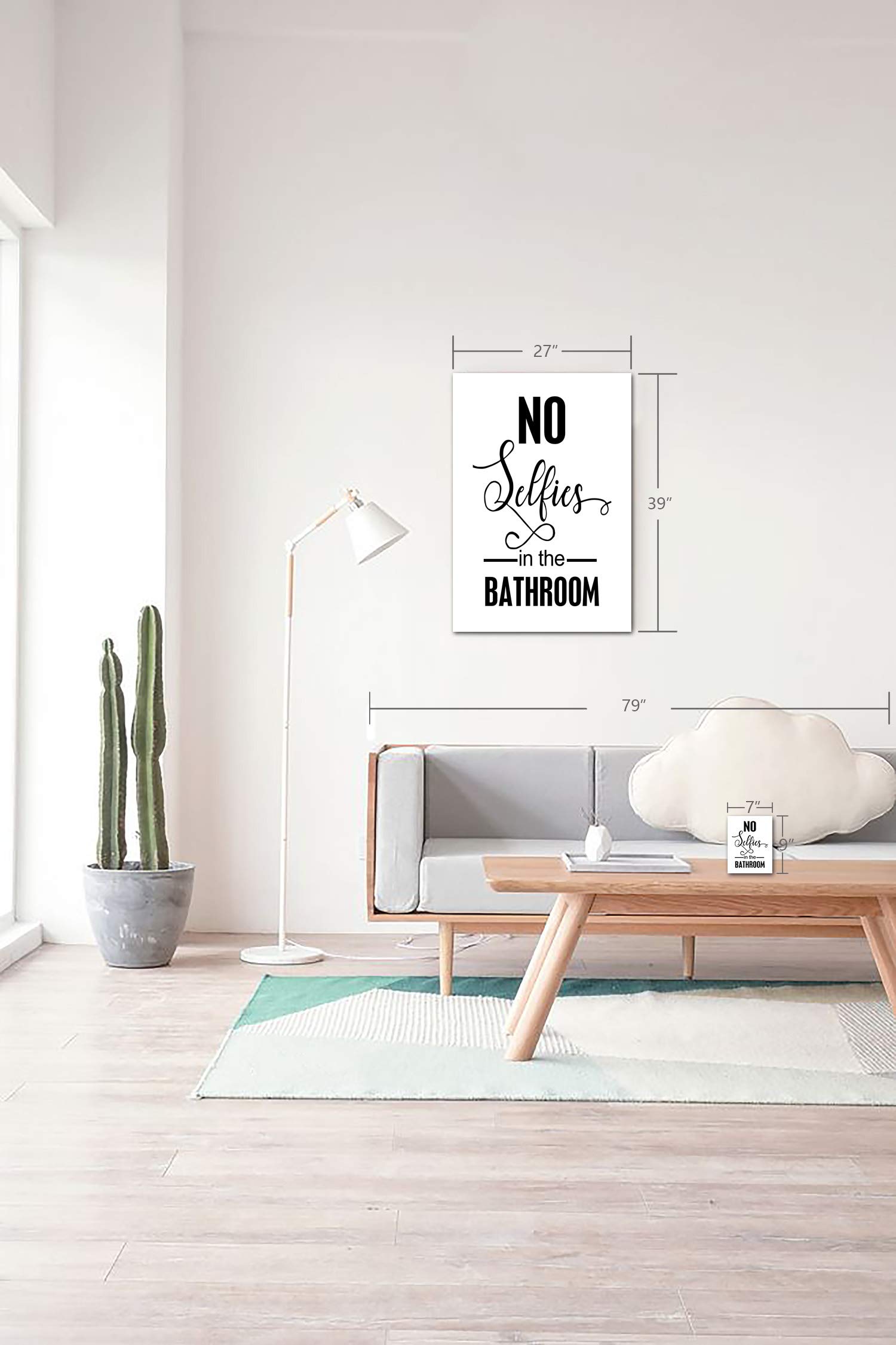 No Selfies in The Bathroom Sign - Framed Canvas Print Wall Art - 7x9 Inches White Gallery Wrapped Home Decor - Perfect for Bathroom, Office, or Funny Gift