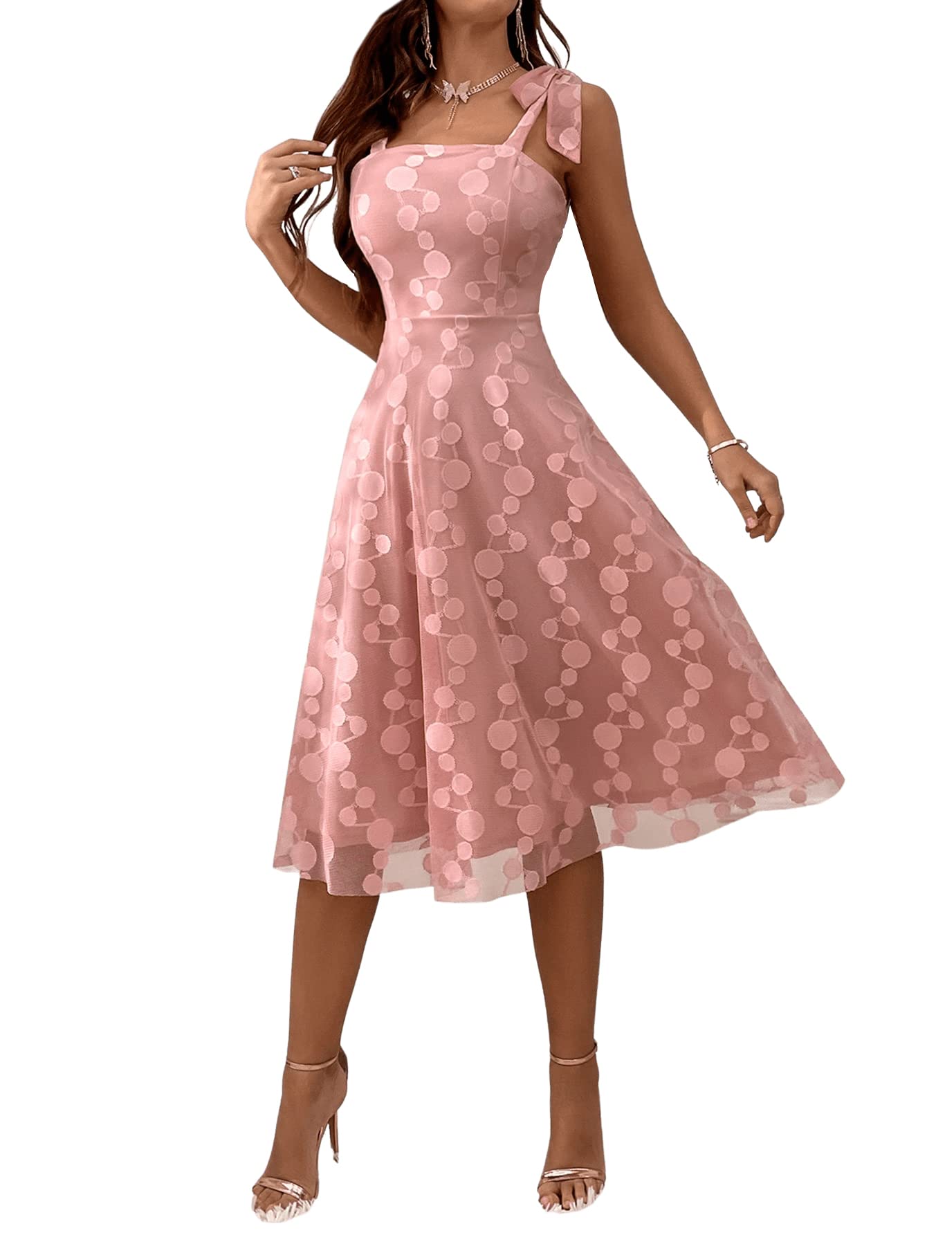SweatyRocks Women's Sleeveless Tie Strap Ruffle Lace Dress - Polka Dot A-Line Midi Summer Dress for Beach, Party & Casual Wear