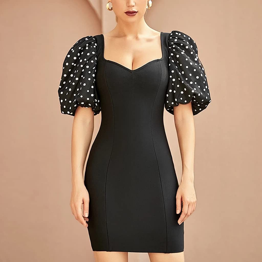 UXZDX Women's Sexy Bodycon Bandage Dress - V Neck, Short Lantern Sleeve Mini Club Party Dress for Evening Events (Black, XS) | Perfect for Night Out, Cocktail Parties & Celebrity Style