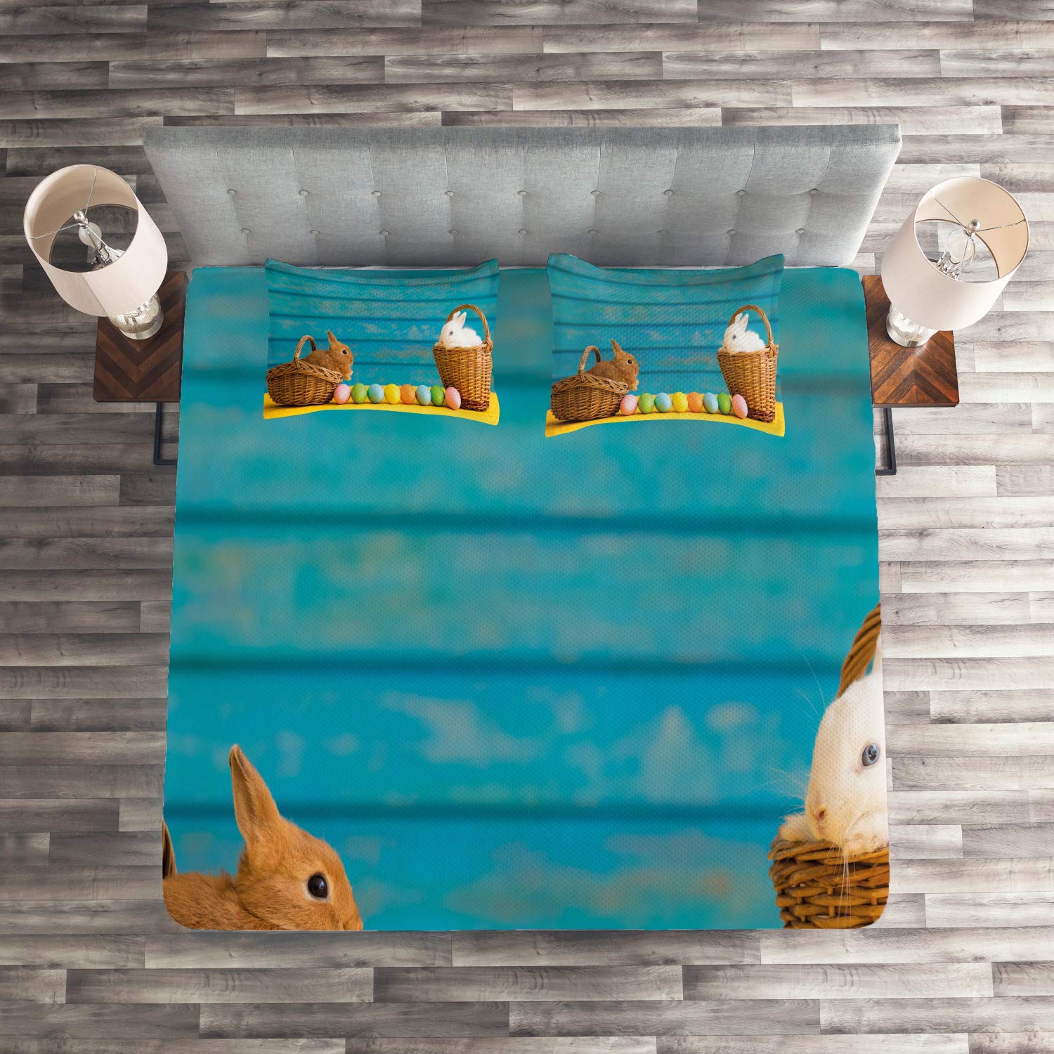 Ambesonne Easter Bunny Quilt Set - King Size 3-Piece Bedspread with 2 Pillow Shams, Pastel Blue Woodland Design Featuring Rabbits & Dyed Eggs | Spring Home Decor, Easter Bedding, Holiday Guest Room Makeover