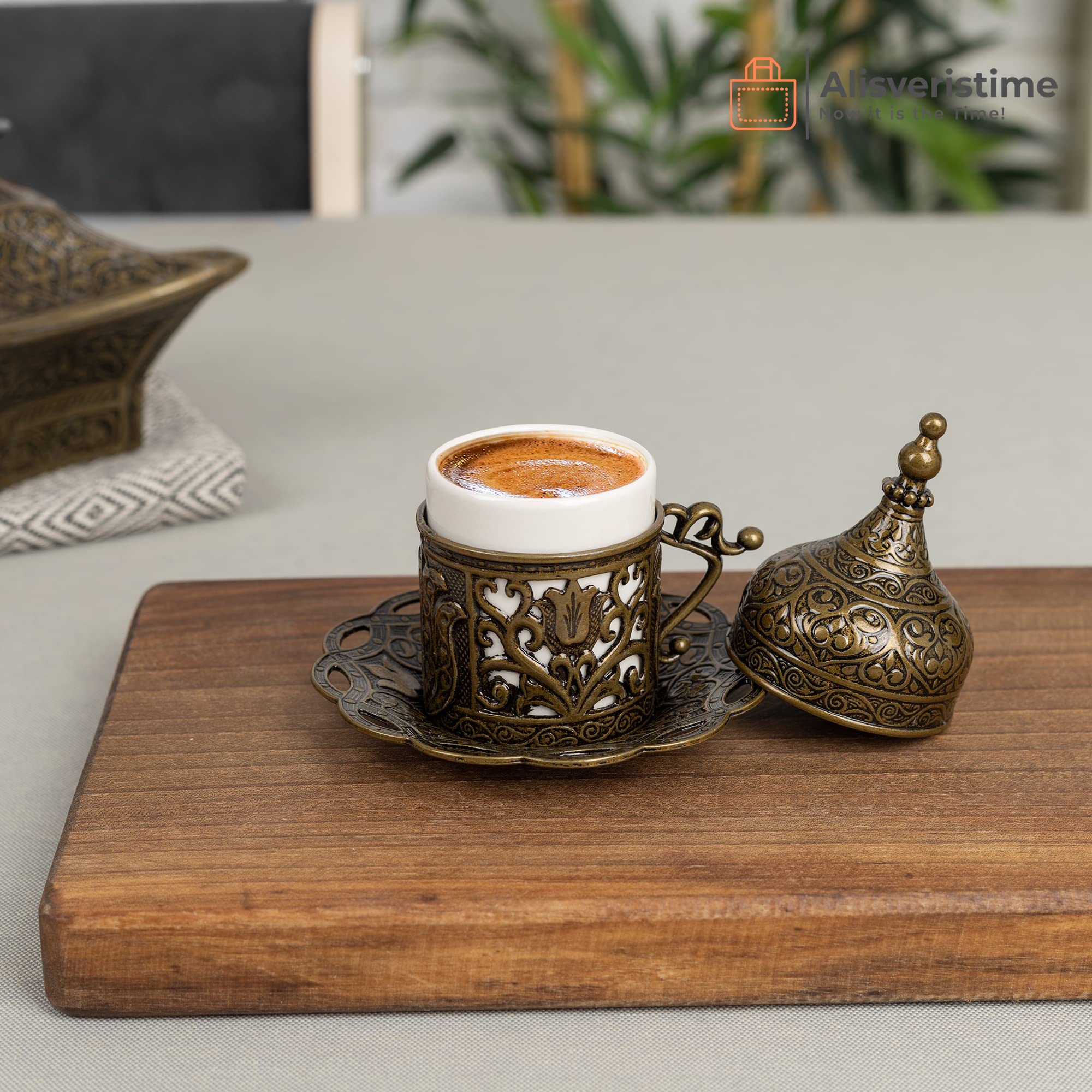 Authentic Green 6-Piece Turkish Espresso Coffee Cup Set with Saucers & Lids - Traditional Ottoman Tulip Motif (Lale) - Perfect for Home, Cafe & Gift Giving - Multiple Color Options Available