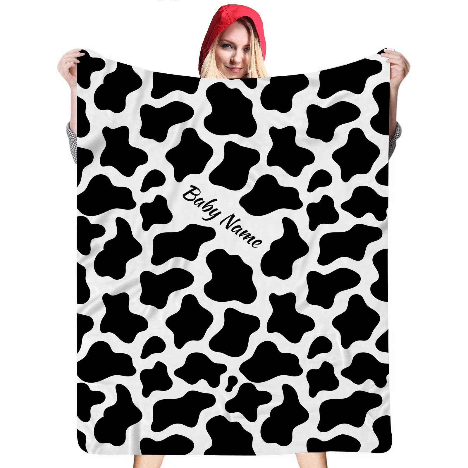 Personalized Baby Name Blanket - Soft Cow Print Minky Dot Fleece Blanket for Boys & Girls (30