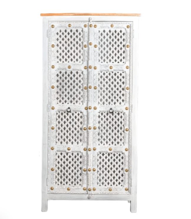 White Two-Door Hand-Carved Antique Armoire - Perfect for Vintage Bedroom Decor & Storage