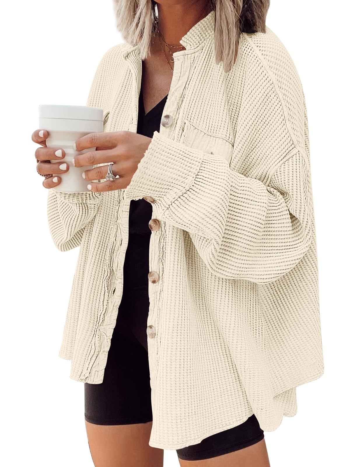 AUTOMET Women's Winter Clothes 2025 - Cozy Waffle Knit Oversized Button Down Shirts for Fall & Winter Fashion Outfits | Casual Wear, Layering, Office & Date Night Outfits