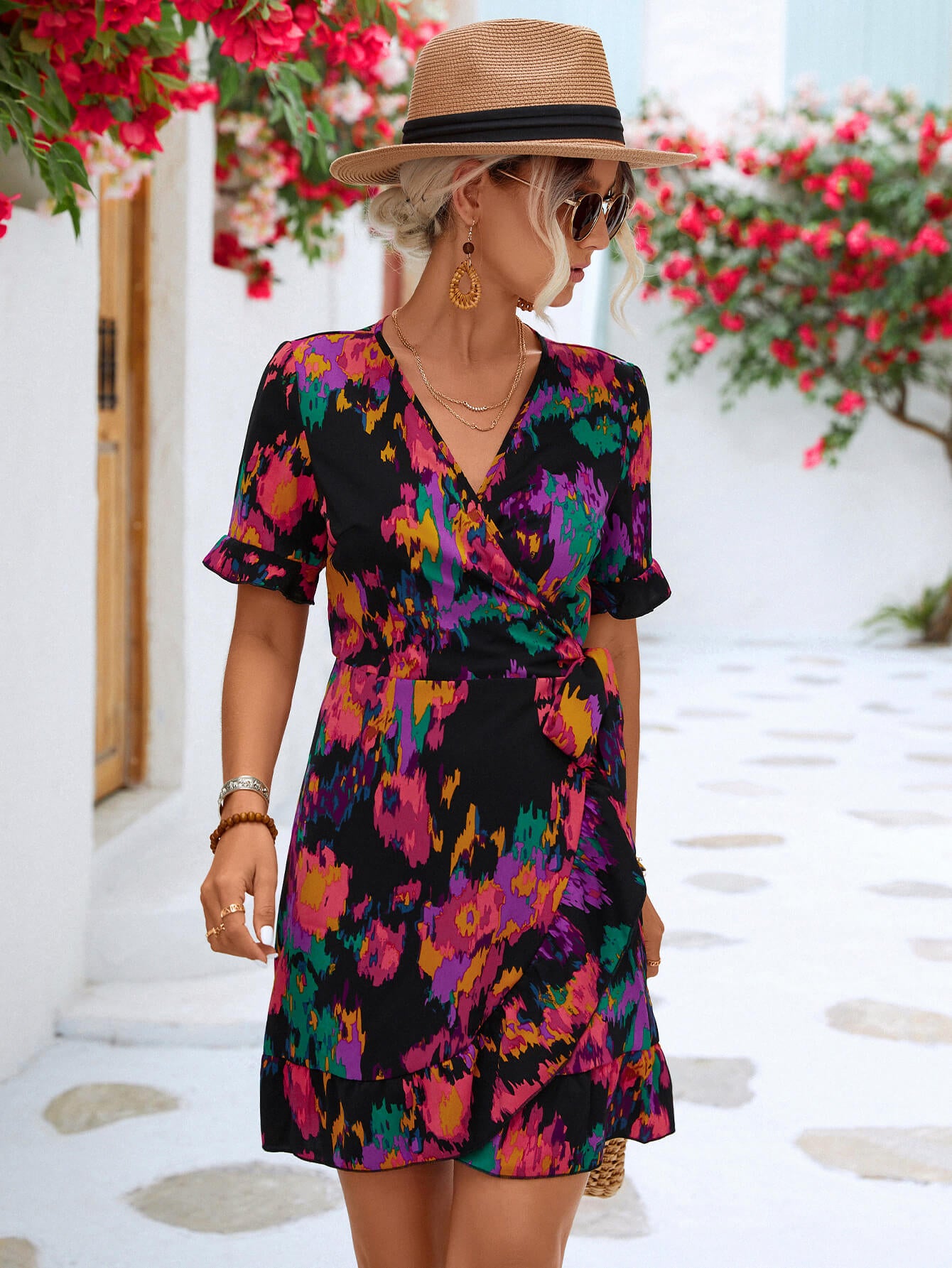 Stylish Printed Flounce Sleeve Tied Dress for Women - Perfect for Summer Parties, Weddings & Date Nights