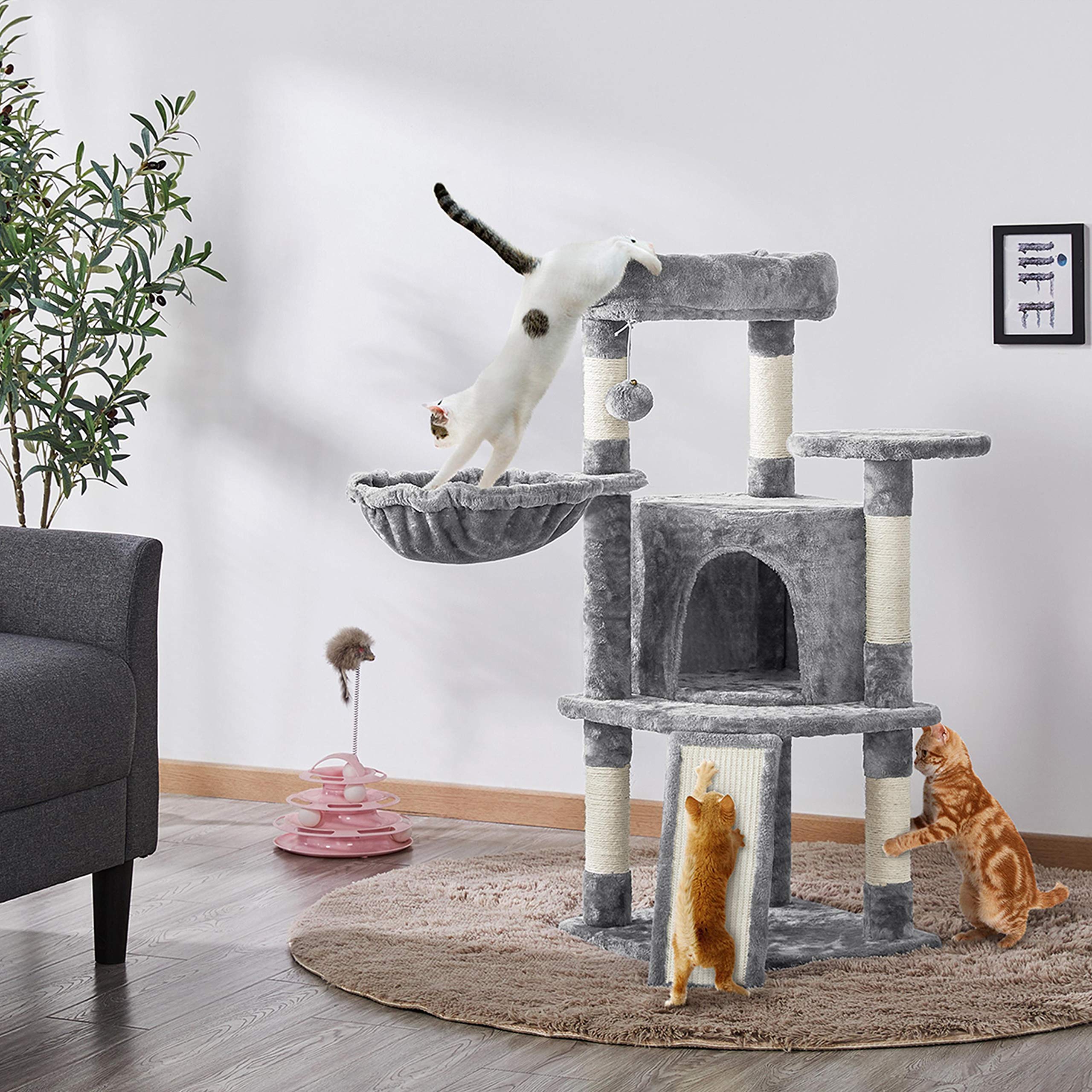 Topeakmart 42 Inch Cat Tree Tower for Indoor Cats - Multi-Level Cat Condo with Perch, Hammock & Scratching Posts - Durable Cat Activity Center & House in Light Gray - Perfect for Small Spaces & Playful Kittens