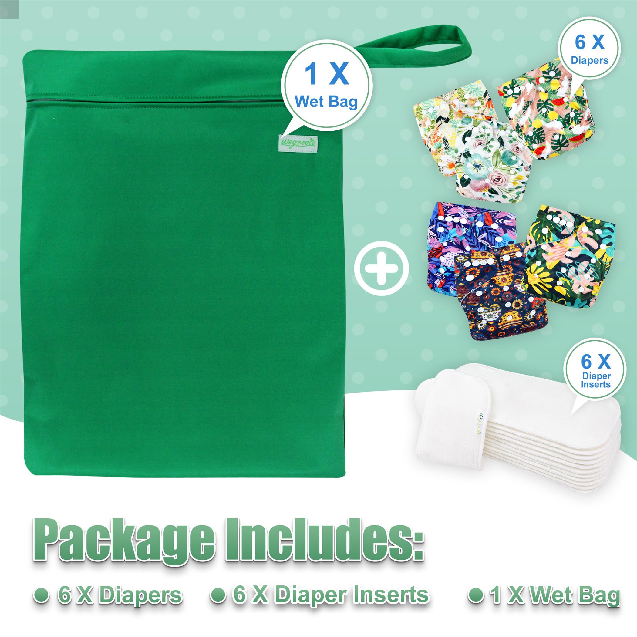 **Wegreeco 6 Pack Reusable Cloth Diapers with Inserts & Wet Bag - Adjustable Washable Baby Diapers One Size (Love, Flowers) - Eco-Friendly Diapering Solution for Newborns, Infants & Toddlers - Perfect for Home, Travel, Daycare & Eco-Conscious Parenting - Ideal for Sustainable Families, On-the-Go Parents & Green Living**