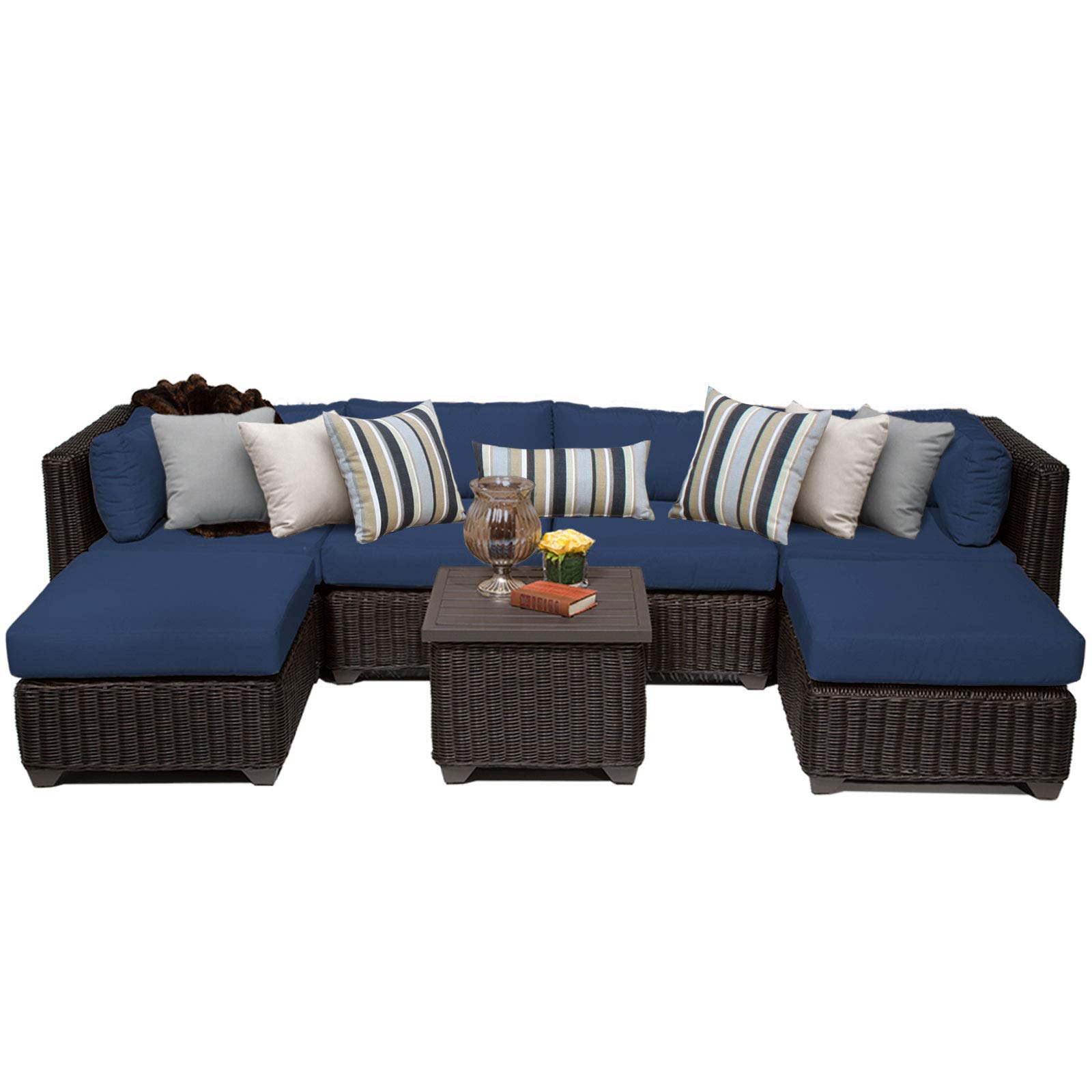TK Classics VENICE-07a-NAVY 7-Piece Outdoor Wicker Patio Furniture Set in Navy Blue - Perfect for Backyard, Poolside, Garden & Patio Relaxation