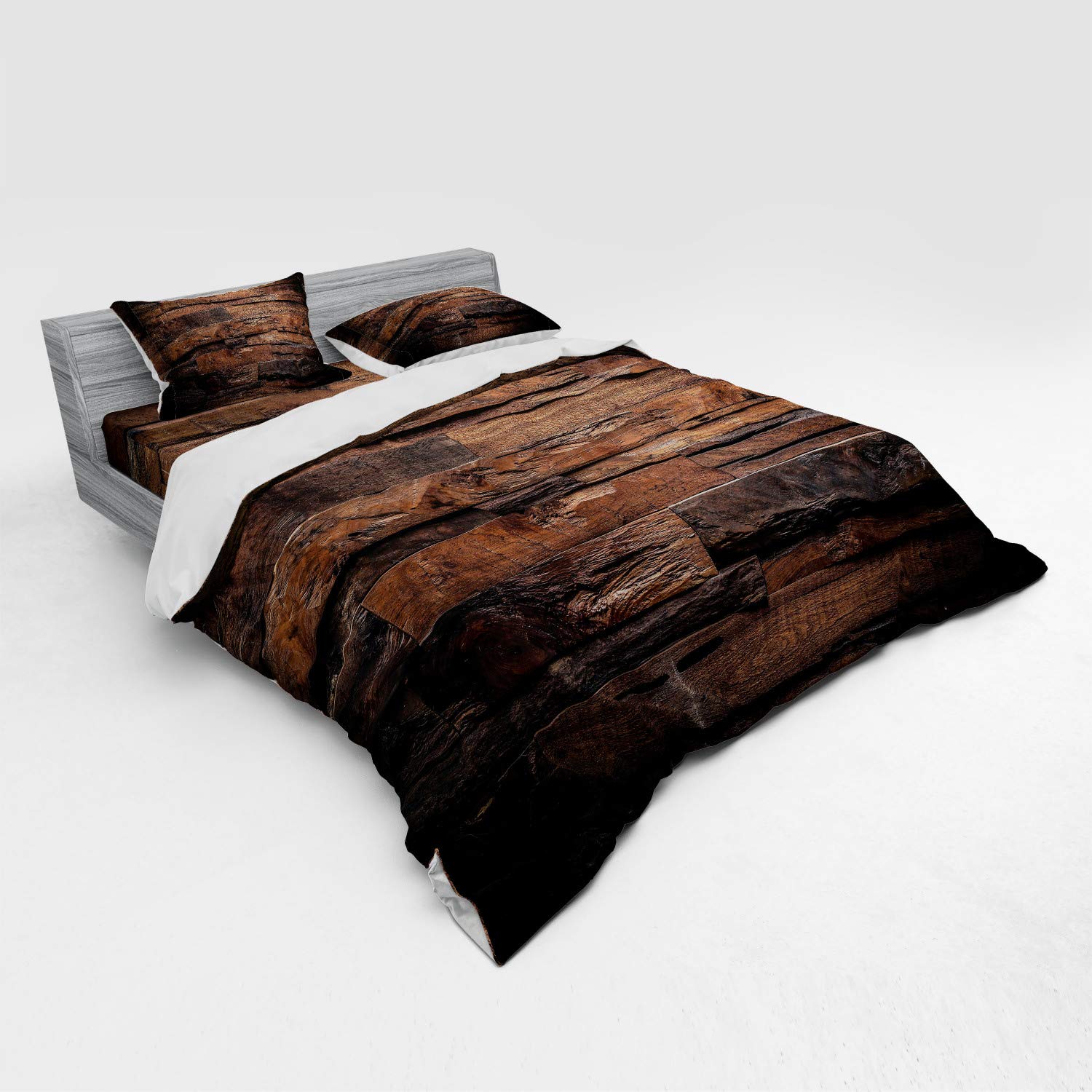 Ambesonne Chocolate Brown Bedding Set - King Size 4 Piece Duvet Cover with Shams & Fitted Sheet, Rustic Dark Timber Texture, Country Theme Hardwood Design for Cozy Bedroom Decor & Farmhouse Style Home