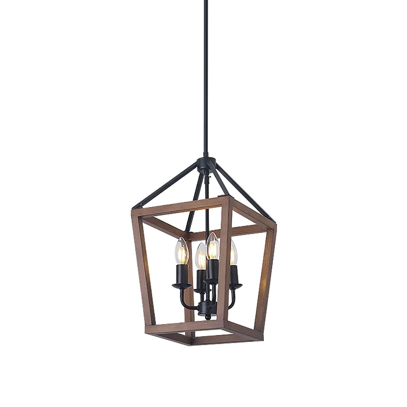 YAYAYA Rustic Retro Chandelier - Industrial Wrought Iron Black Pendant Light with E14 LED Bulb - 11x17 Inch Black & Wood Hanging Lamp for Restaurant, Corridor, Cafe, and Farmhouse Decor