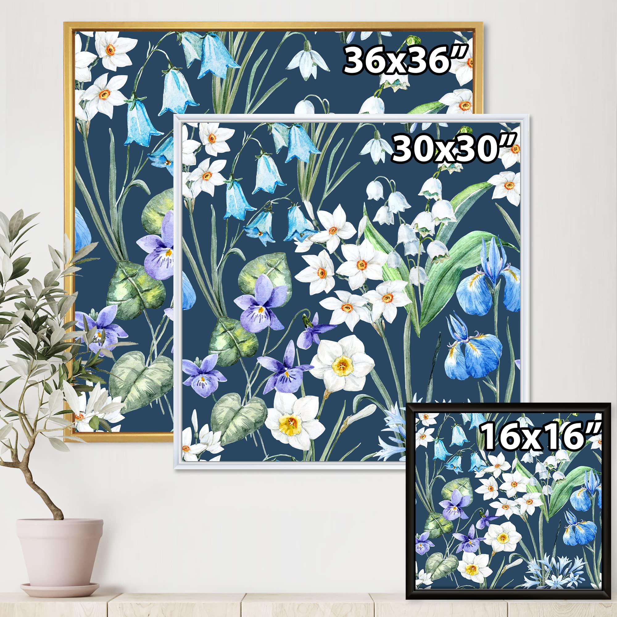 DesignQ White and Blue Spring Flowers on Dark Blue - Traditional Framed Canvas Wall Art Print for Living Room, Bedroom & Office Decor