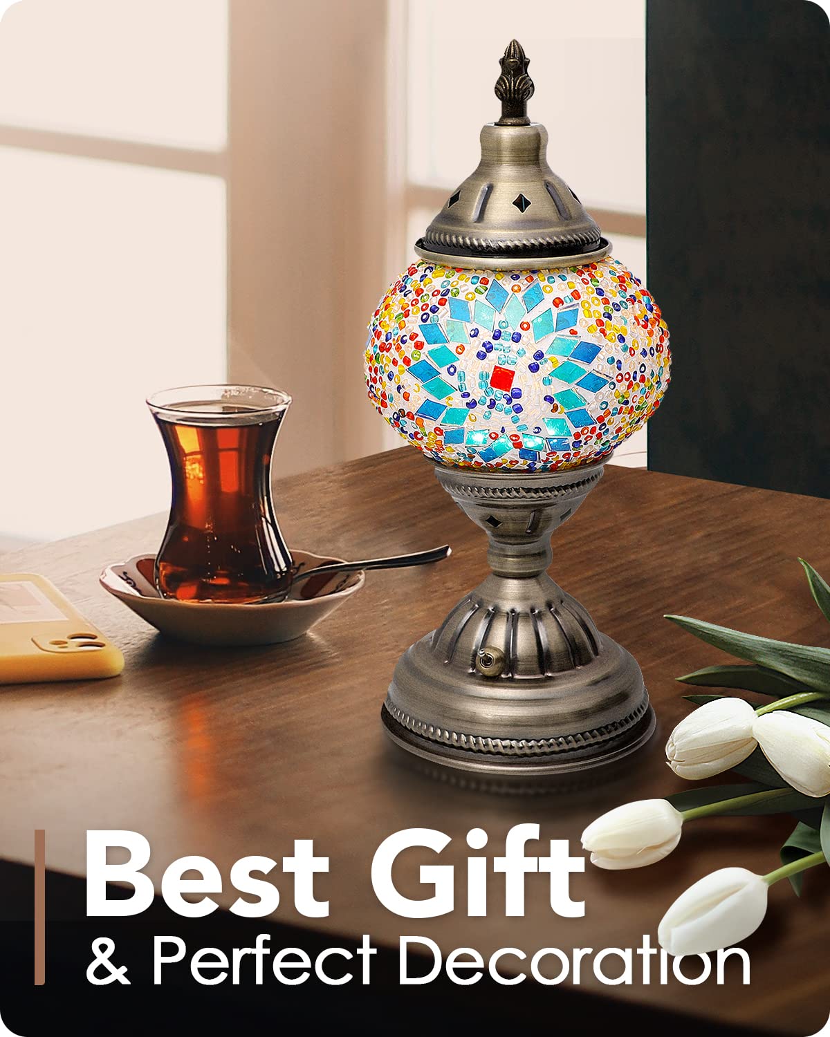 Handmade Turkish Moroccan Tiffany Mosaic Glass Lamp with Bronze Base - Portable Rechargeable Bedside Lamp (2000mAh Battery & LED Bulb Included) - Perfect for Home Decor, Living Room, Bedroom, and Outdoor Ambiance Lighting