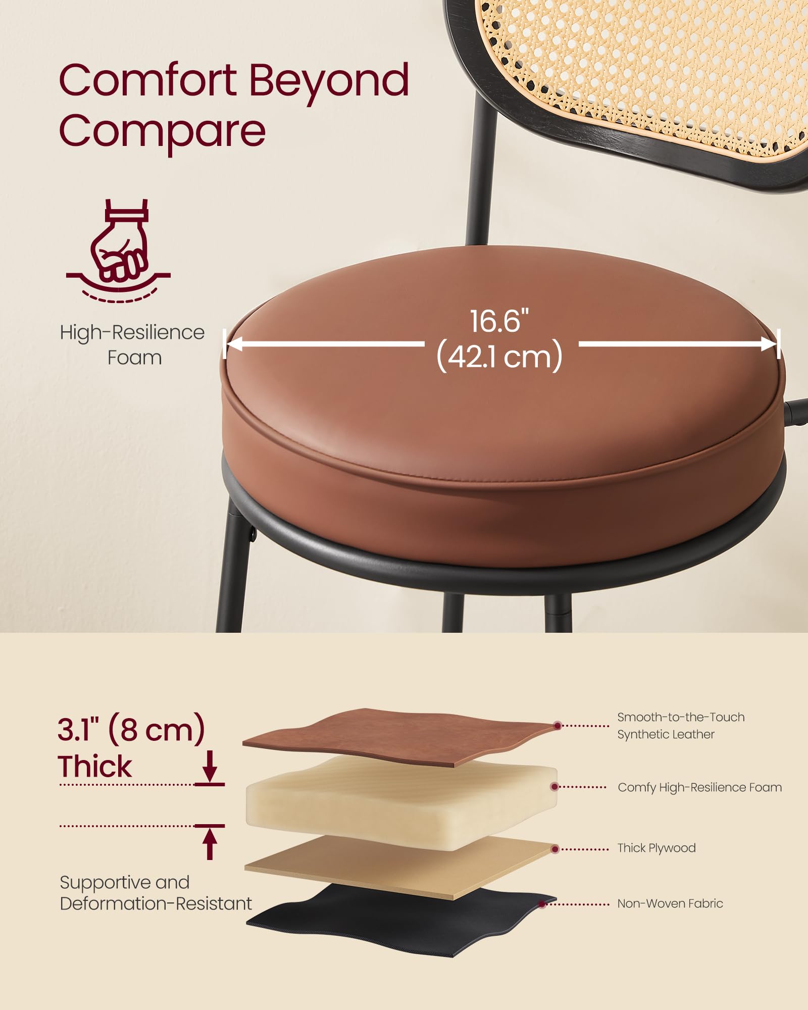 VASAGLE 2-Pack Counter Height Bar Stools with PE Rattan Back & Synthetic Leather Seat - 25.1