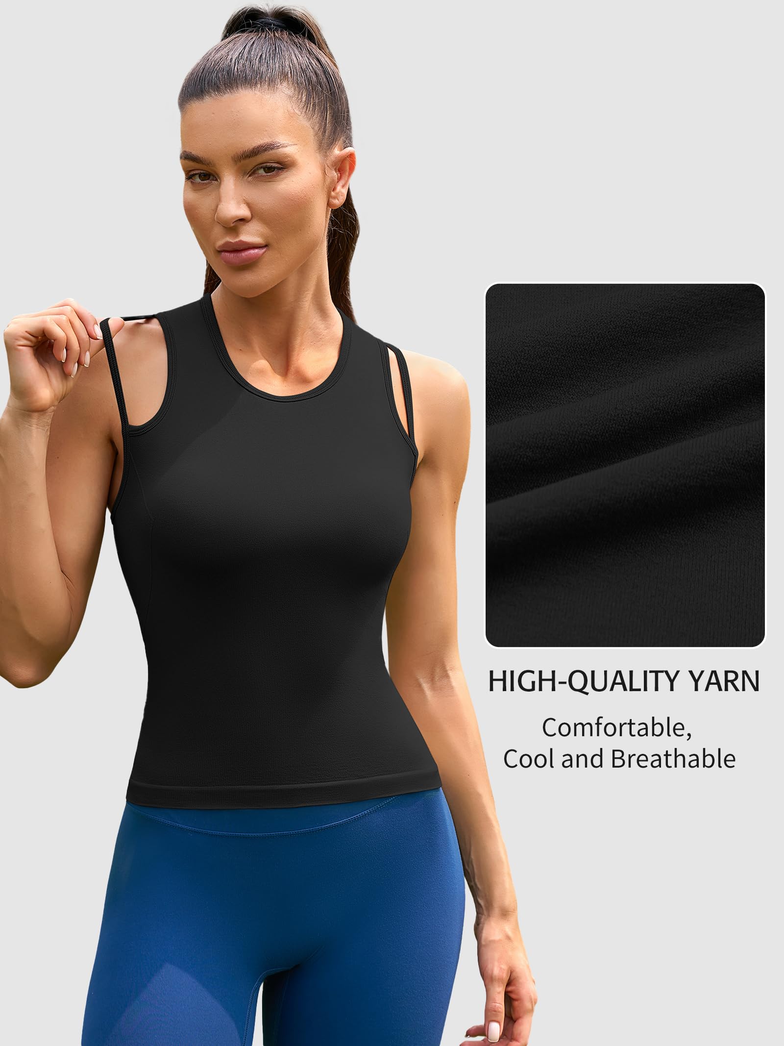 ATTRACO Women's Ribbed Yoga Top - Double Strap Workout Tank for Running, Gym & Fitness - Breathable Cropped Athletic Shirt for Yoga, Pilates & Active Lifestyle