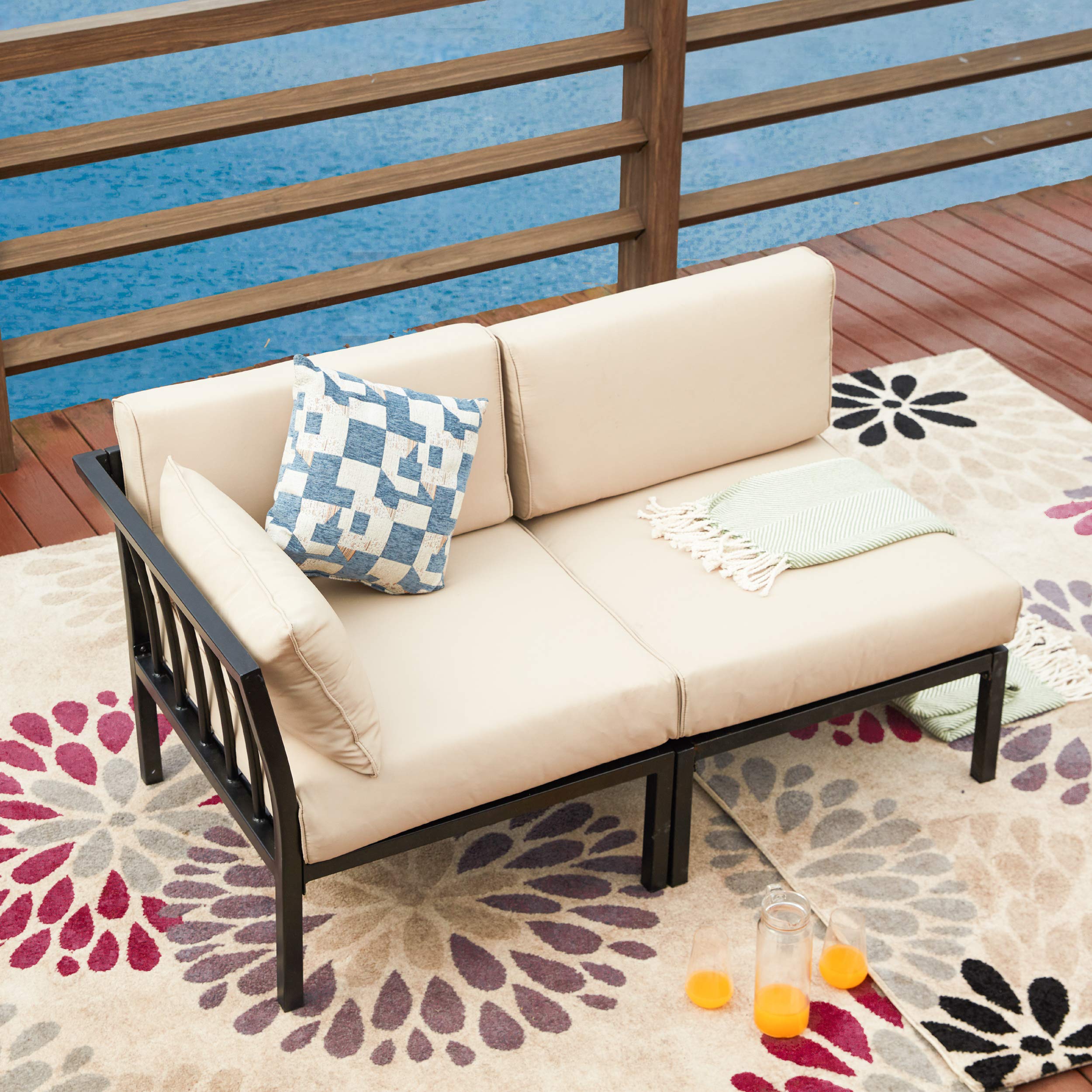 LOKATSE HOME 2-Piece Outdoor Patio Furniture Set - Corner Sofa & Armless Chair Conversation Set in Khaki | Perfect for Backyard, Garden, Poolside & Patio Relaxation