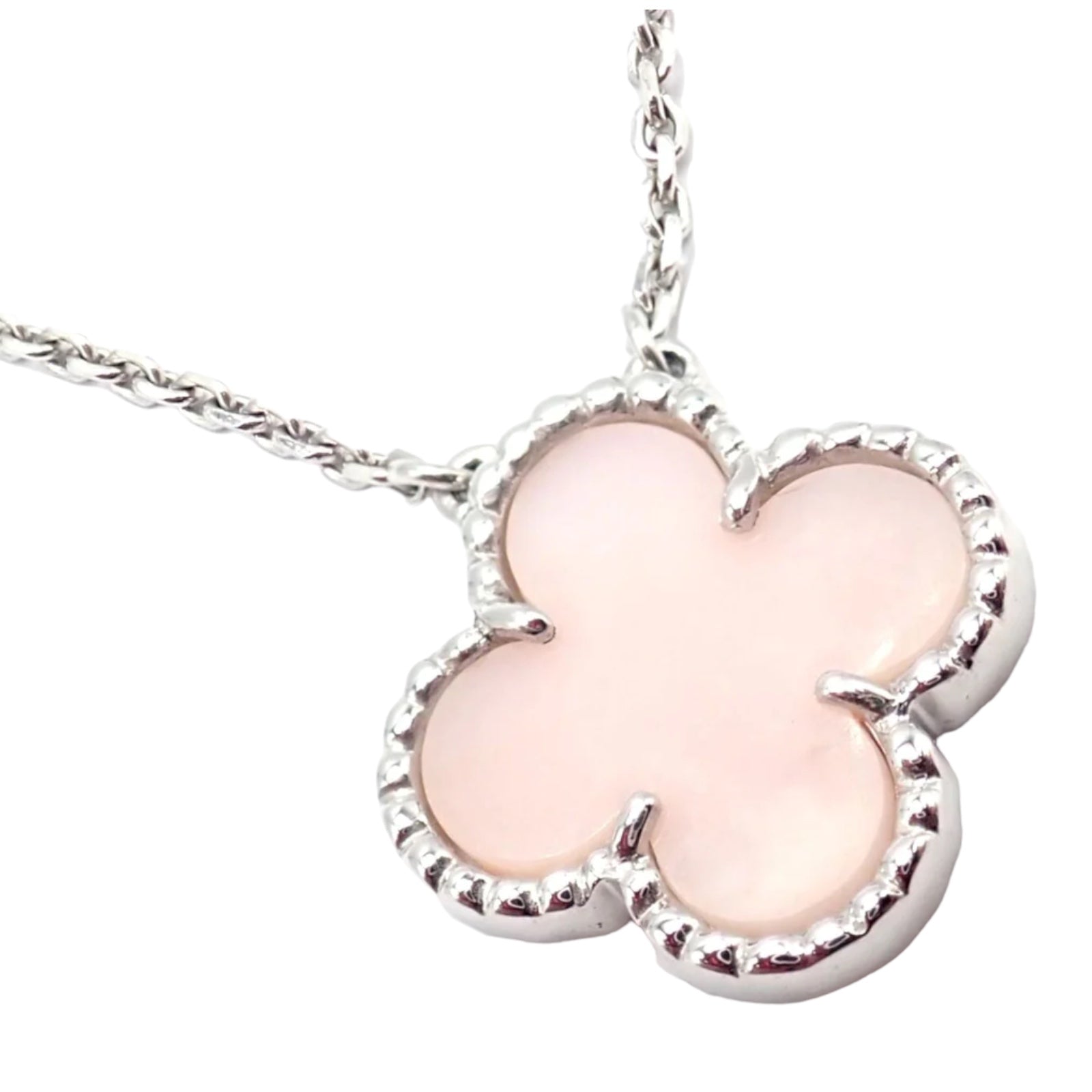 Authentic Van Cleef & Arpels Alhambra 18k White Gold Pink Opal Pendant Necklace - Luxury Jewelry for Women, Perfect for Weddings, Anniversaries & Special Occasions