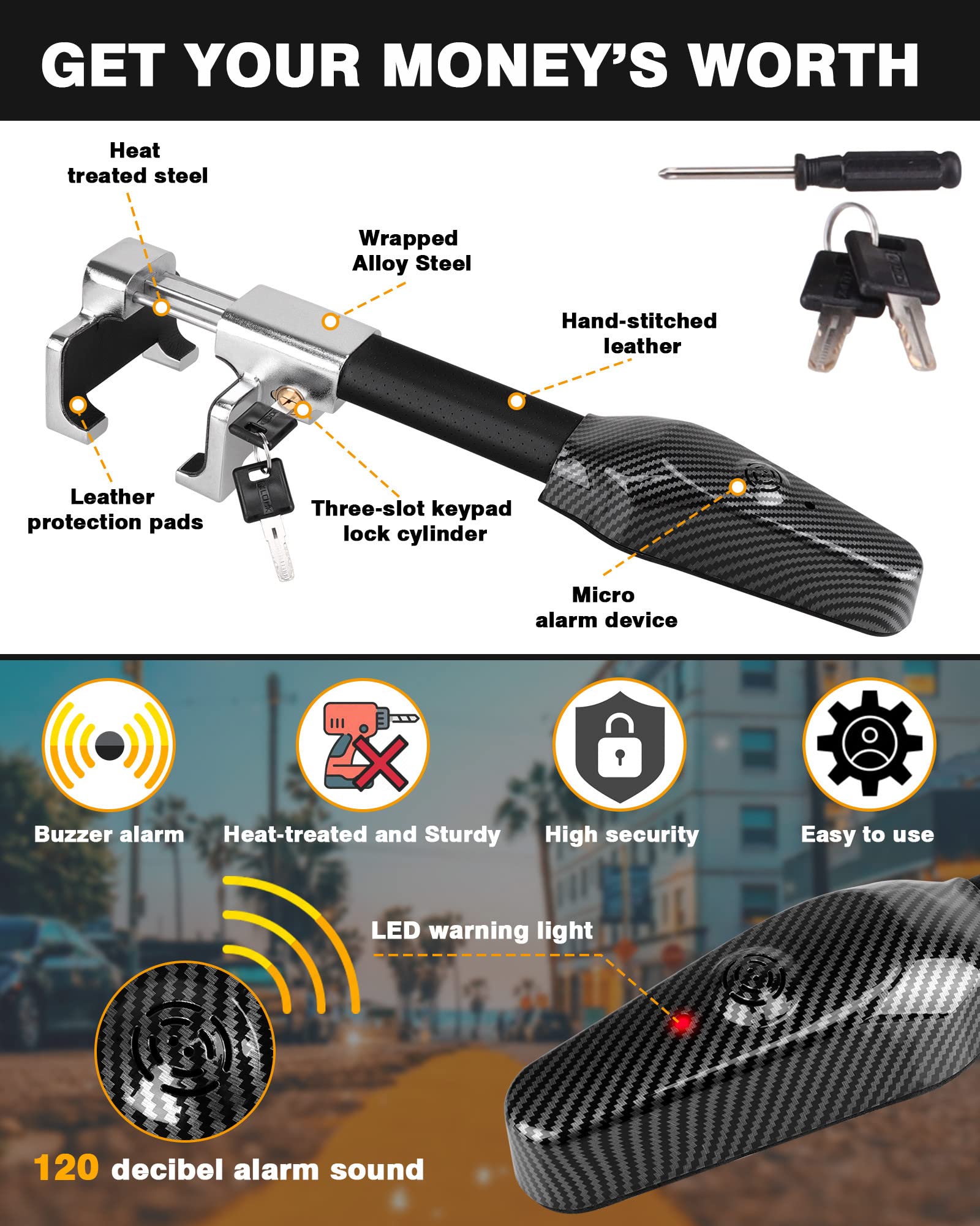 Tevlaphee Heavy Duty Steering Wheel Lock with Alarm - Anti-Theft Car Security Device, Universal Fit for Vehicle, Truck, Van, SUV - Perfect for Parking and Overnight Protection