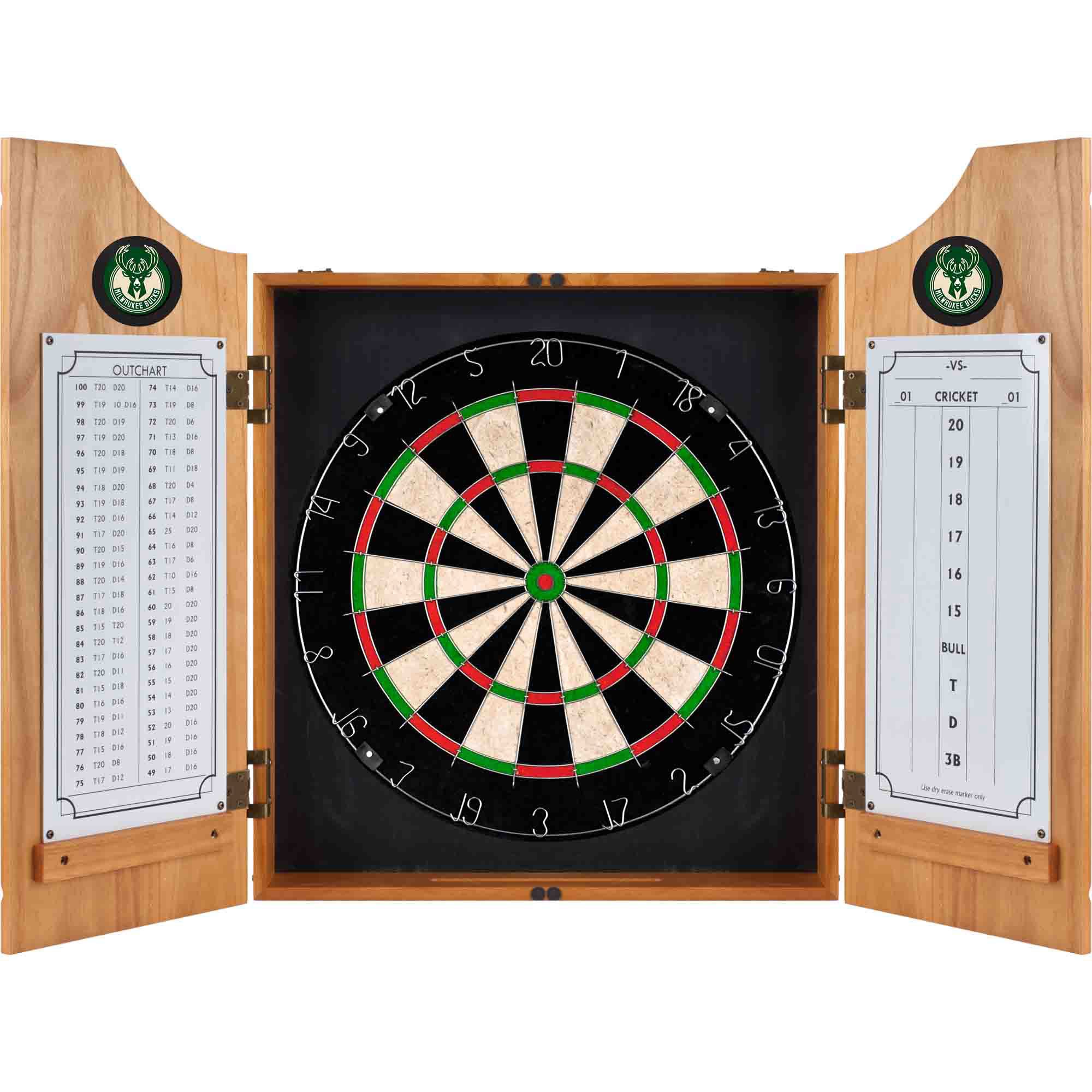 Milwaukee Bucks NBA Wooden Dartboard Cabinet Set - Official Licensed Basketball Game Room Decor for Sports Fans & Man Cave