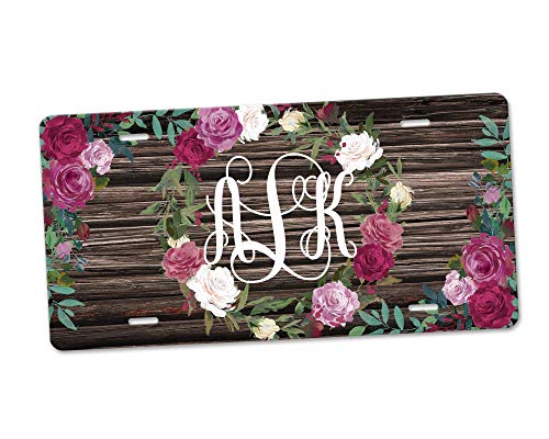 Custom Monogram Aluminum License Plate with Rose Wreath & Reclaimed Wood Background - Personalized Car Decor for Gifts, Home, Office & Rustic Weddings