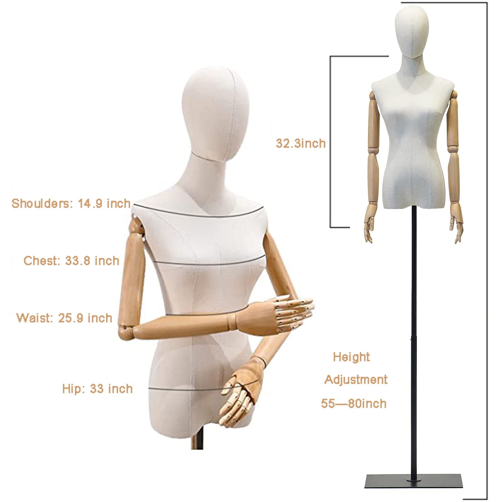 Female Mannequin Dress Form Torso with Detachable Head - Adjustable Height 55
