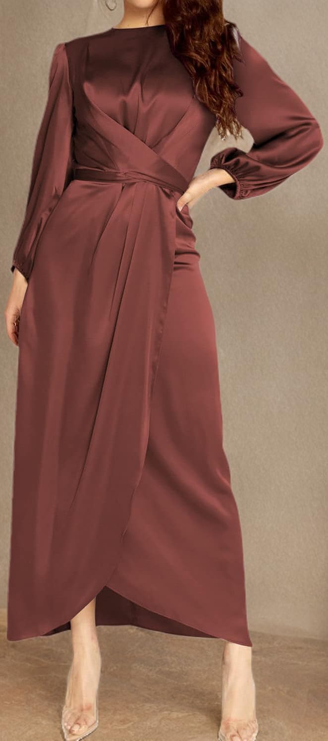 Elegant Empire Waist Long Sleeve Satin Maxi Dress for Women | Formal Evening Gown | Perfect for Weddings, Parties & Special Occasions