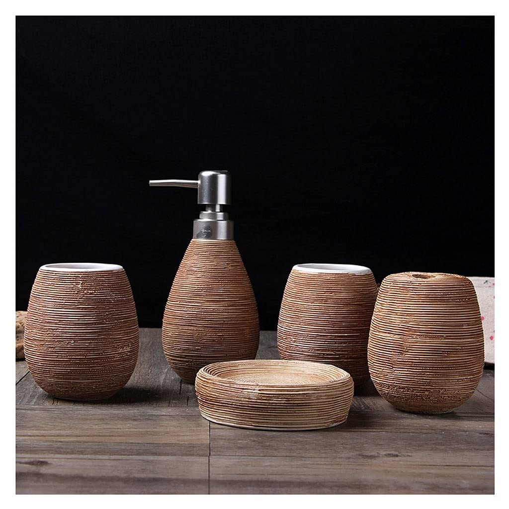 Vintage Ceramic Bathroom Accessory Set - 5-Piece Handmade Soap Dispenser, Toothbrush Holder, Soap Dish & Mouthwash Cups for Elegant Bathroom Decor | Perfect for Guest Bathrooms, Master Suites & Spa-Style Vanities