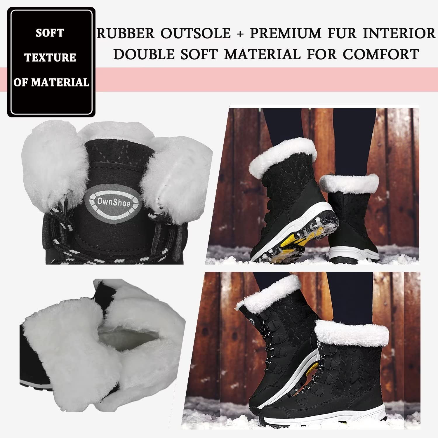 Tanleewa Women's Waterproof Faux Fur Winter Snow Boots - Mid Calf Warm Snow Boots with Anti-Slip Sole for Outdoor Activities, Hiking & Cold Weather Fashion