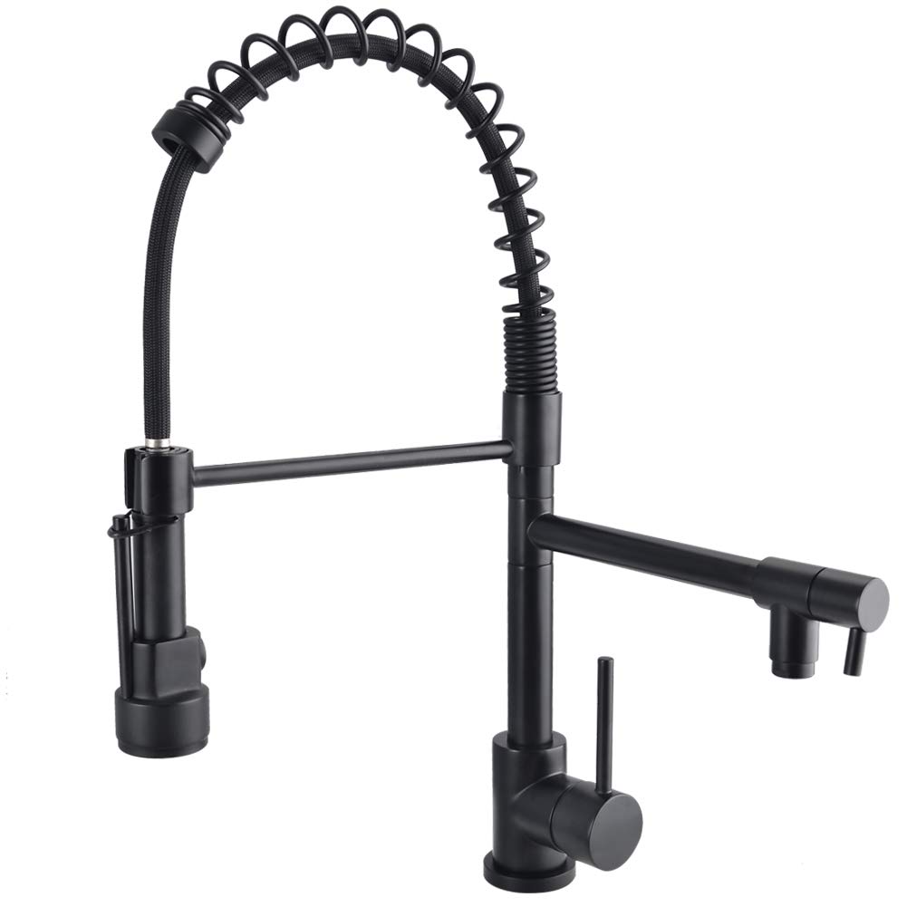 SHAMANDA Commercial Pre-Rinse Kitchen Faucet - 2-Function High Arc Pull-Out Spring Spout with Pot Filler - Matte Black Finish (Model L401S40-7) - Ideal for Restaurant, Food Truck & Home Kitchen Sink Installation
