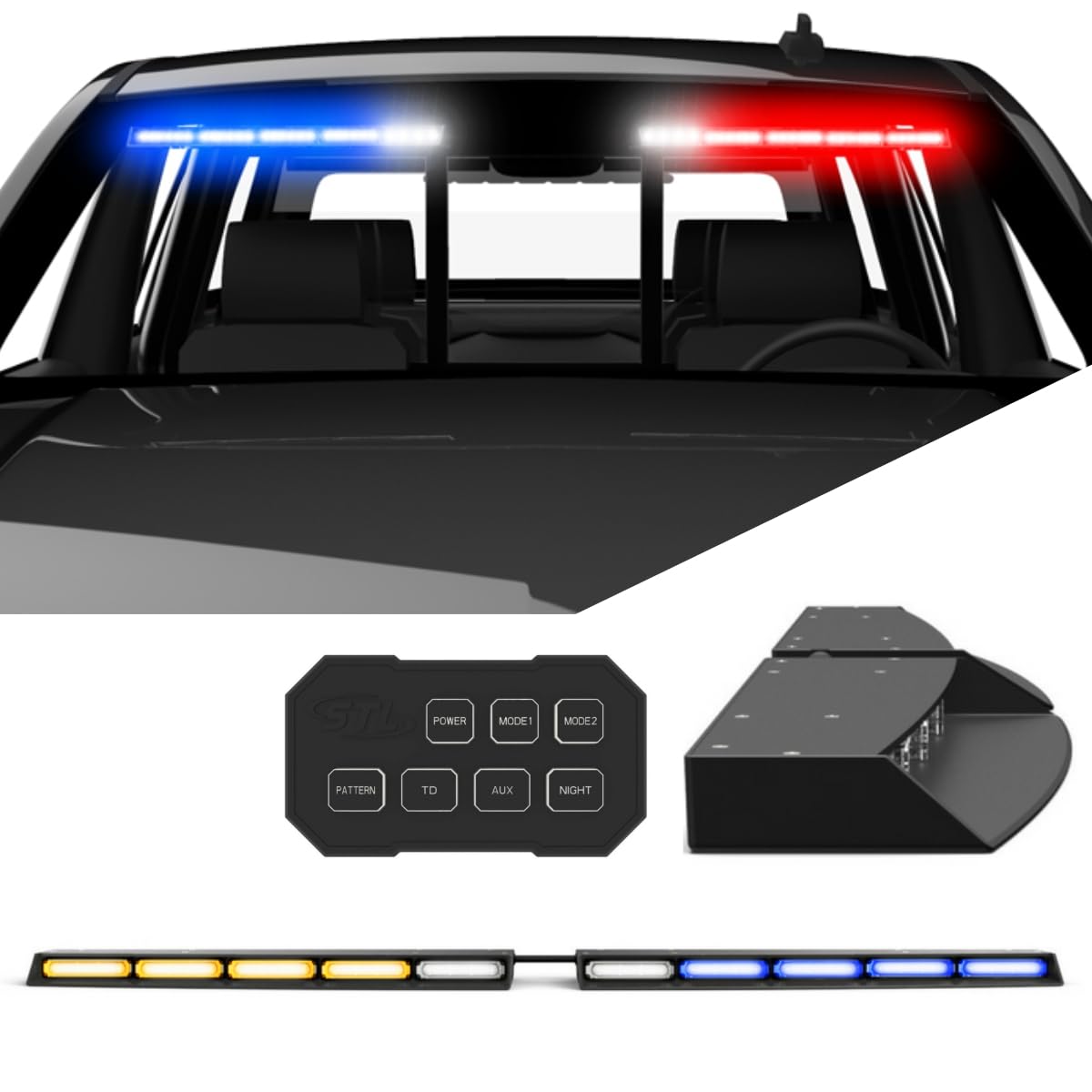 SpeedTech Raptor TIR LED Strobe Light Bar - Blue/Amber Emergency Vehicle Lights with Bracket & Control Box | Windshield Mount for Police Cars, Trucks & Emergency Vehicles | High Visibility Warning Lights for Road Safety & Traffic Control