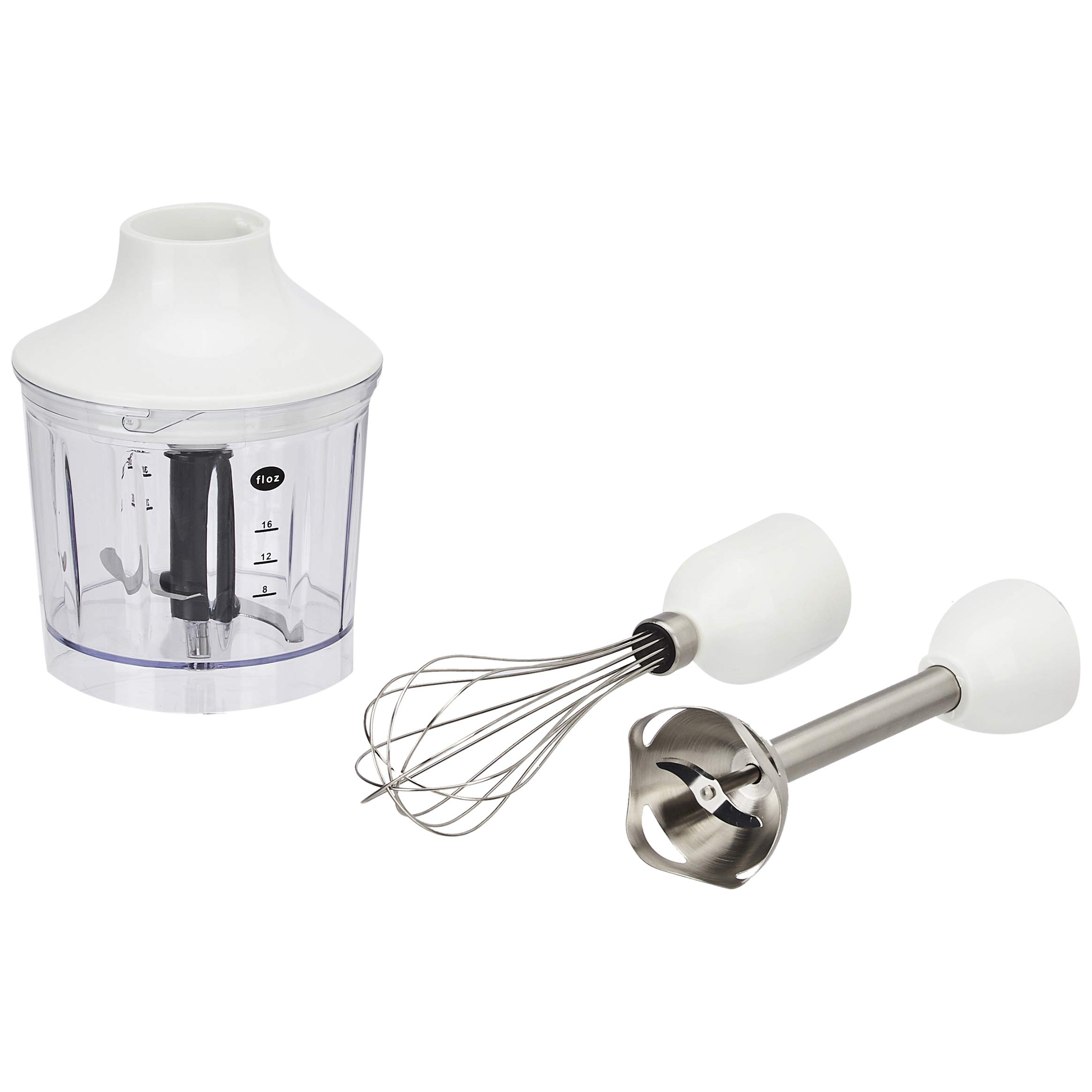Amazon Basics 300W 4-in-1 Immersion Hand Blender with Stainless Steel Blending Stick, Whisk, Chopper & 500ml Beaker - Continuous Speed Control & Turbo Mode - 5ft Power Cord - White - Perfect for Smoothies, Soups, Sauces & Baby Food Prep