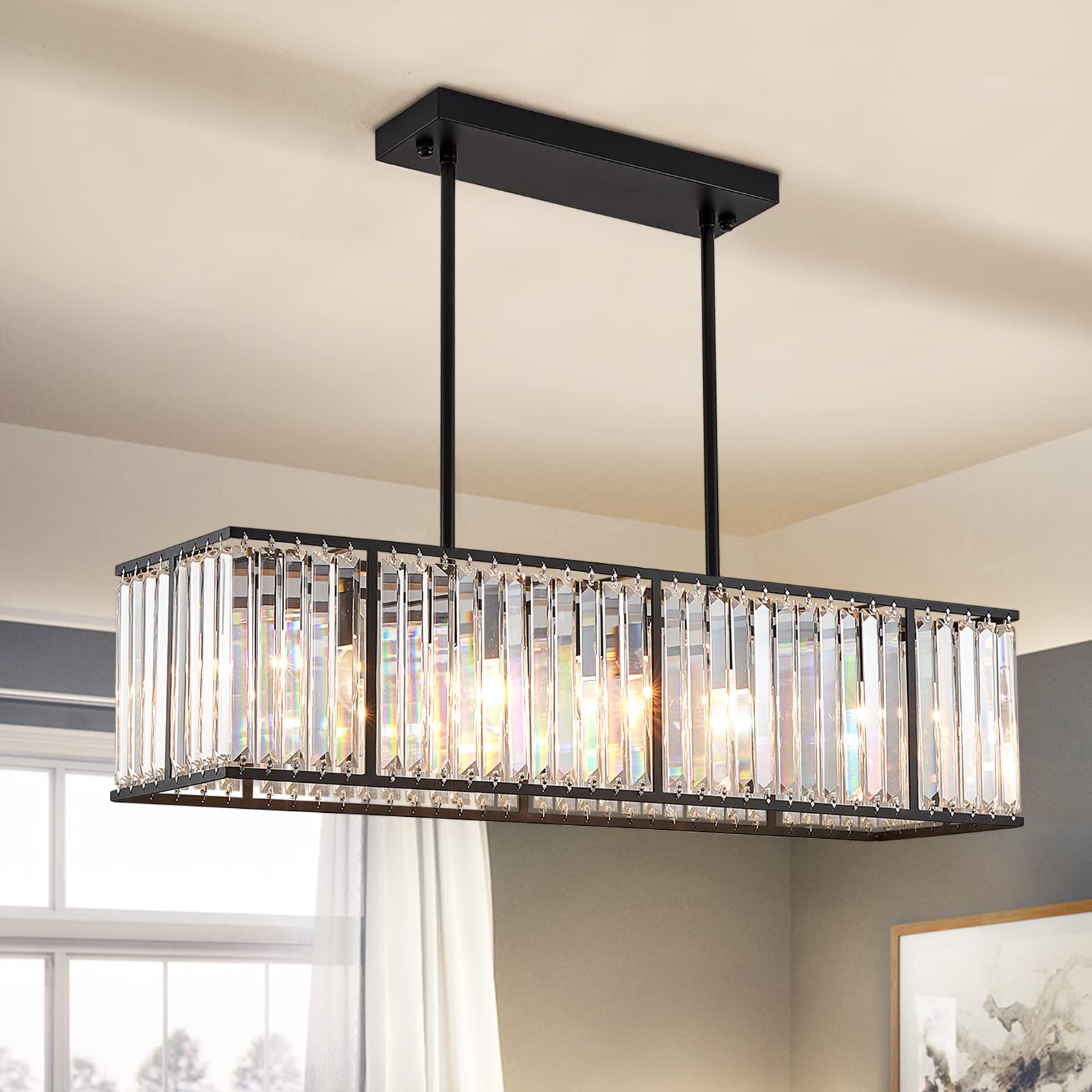 Siljoy 33.5'' Vintage Black Crystal Chandelier - Rectangle Ceiling Light Fixture with 3-Color Dimmable LED & 5 E12 Bulbs - Perfect for Dining Room, Living Room, Kitchen Island & Bedroom Lighting