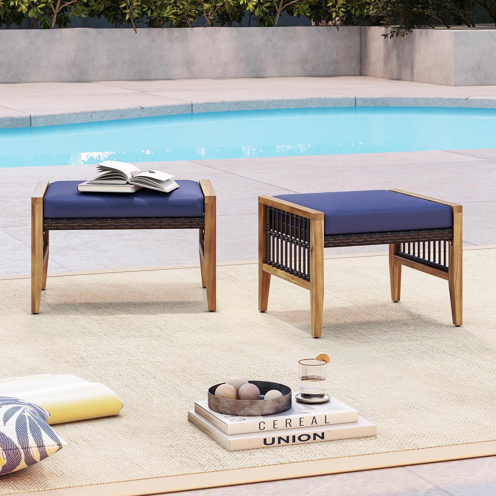 HAPPYGRILL 2-Piece Acacia Wood Outdoor Ottoman Set with Removable Cushions - Wicker Patio Footstool & Footrest, Navy Blue - Perfect for Poolside, Garden, Deck, and Backyard Relaxation