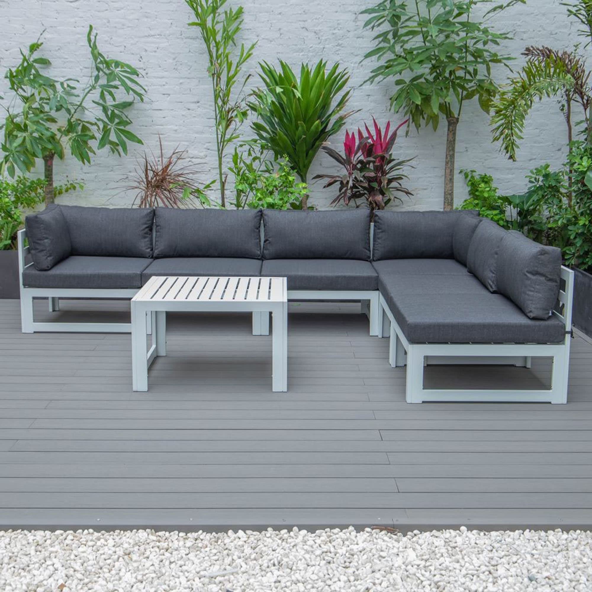 LeisureMod Chelsea 7-Piece Outdoor Patio Conversation Set - White Aluminum Furniture with Coffee Table & Weather-Resistant Cushions (Black) - Perfect for Garden, Backyard, Poolside & Terrace Relaxation