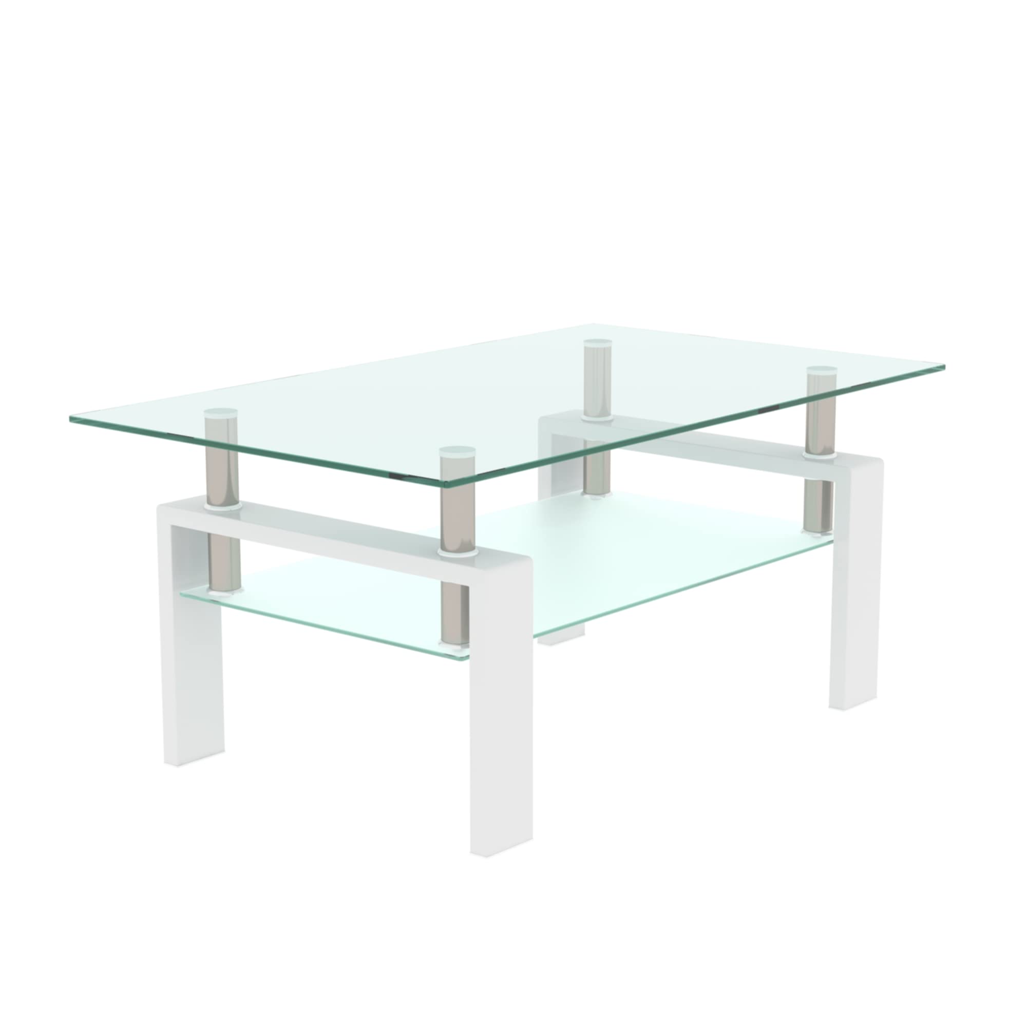 Modern White Glass Coffee Table with Metal Legs and Lower Shelf - Rectangle Living Room Side Table for Home Decor, Office, or Lounge Use