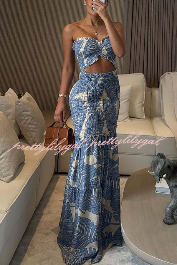 Vivica Floral Smocked Cutout Halter Fishtail Stretch Maxi Dress - Elegant Summer Beach Wedding Guest Dress for Women