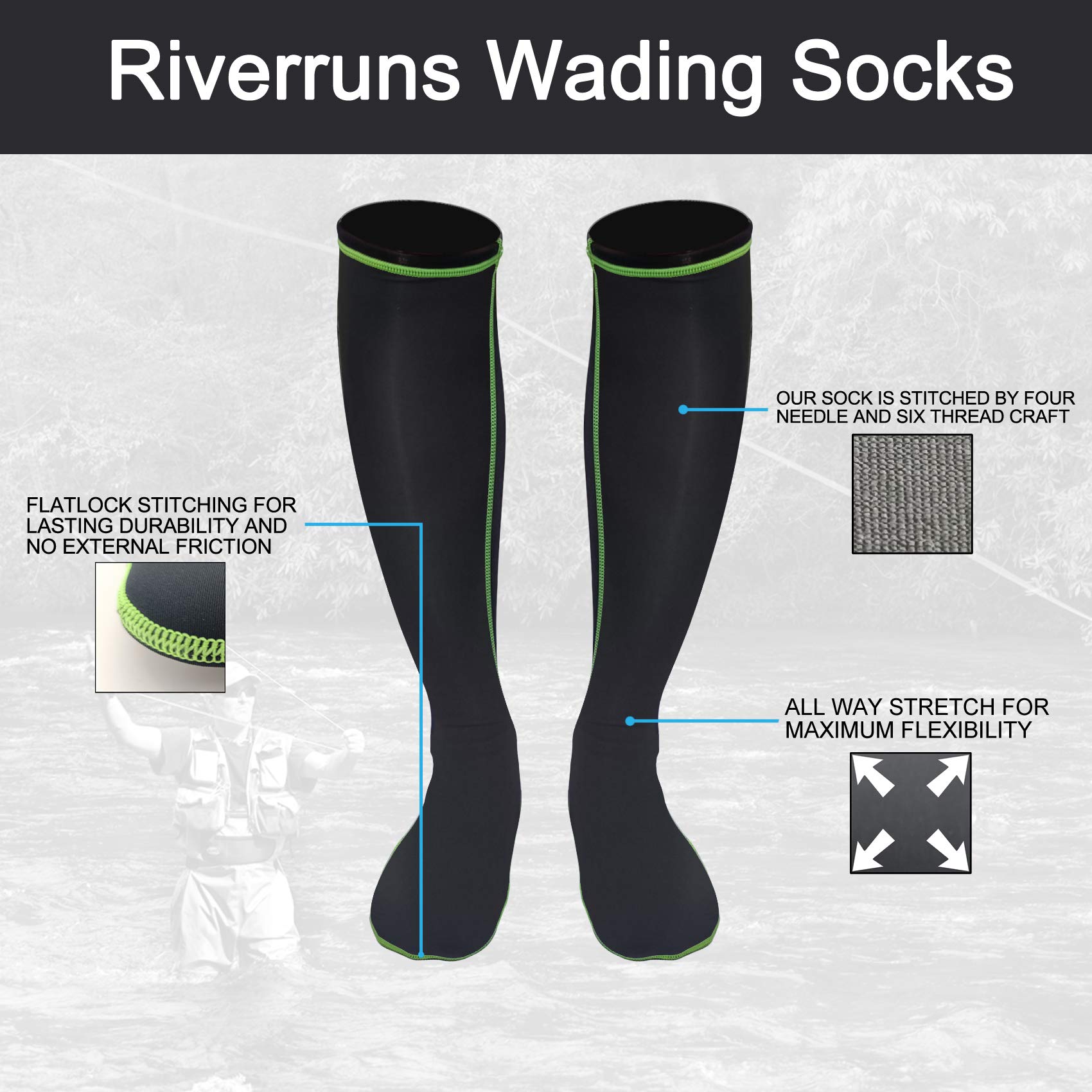 Riverruns Wading Socks for Men & Women - Breathable Nylon Fishing Wader Socks for Outdoor Activities - Fishing, Surfing, Wakeboarding (Black, Medium) - Perfect for Water Sports & Cold Weather Protection