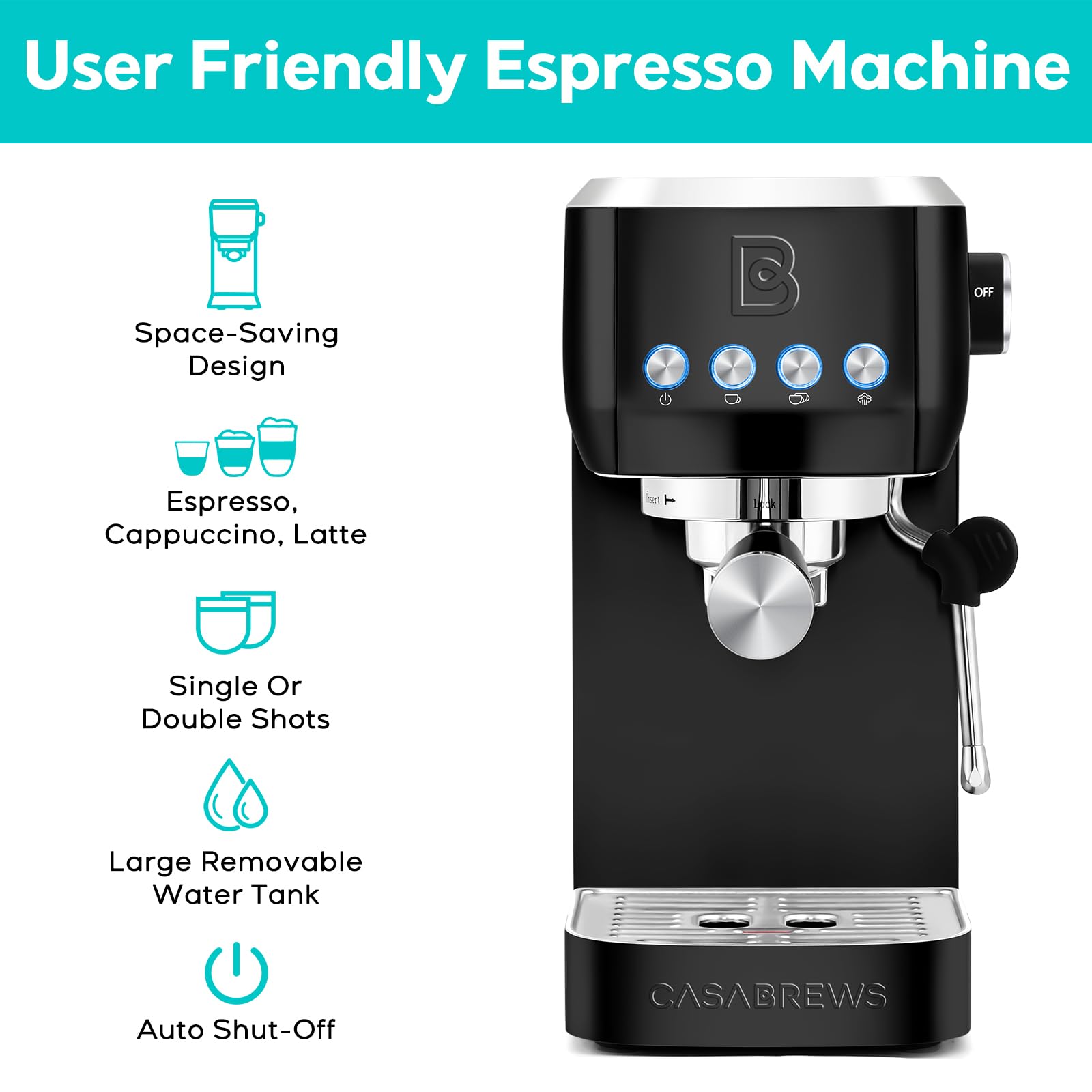 CASABREWS 20 Bar Professional Espresso Machine with Steam Milk Frother - 49oz Removable Water Tank Coffee Maker for Cappuccino & Latte - Perfect for Home Baristas & Coffee Shops (Black)