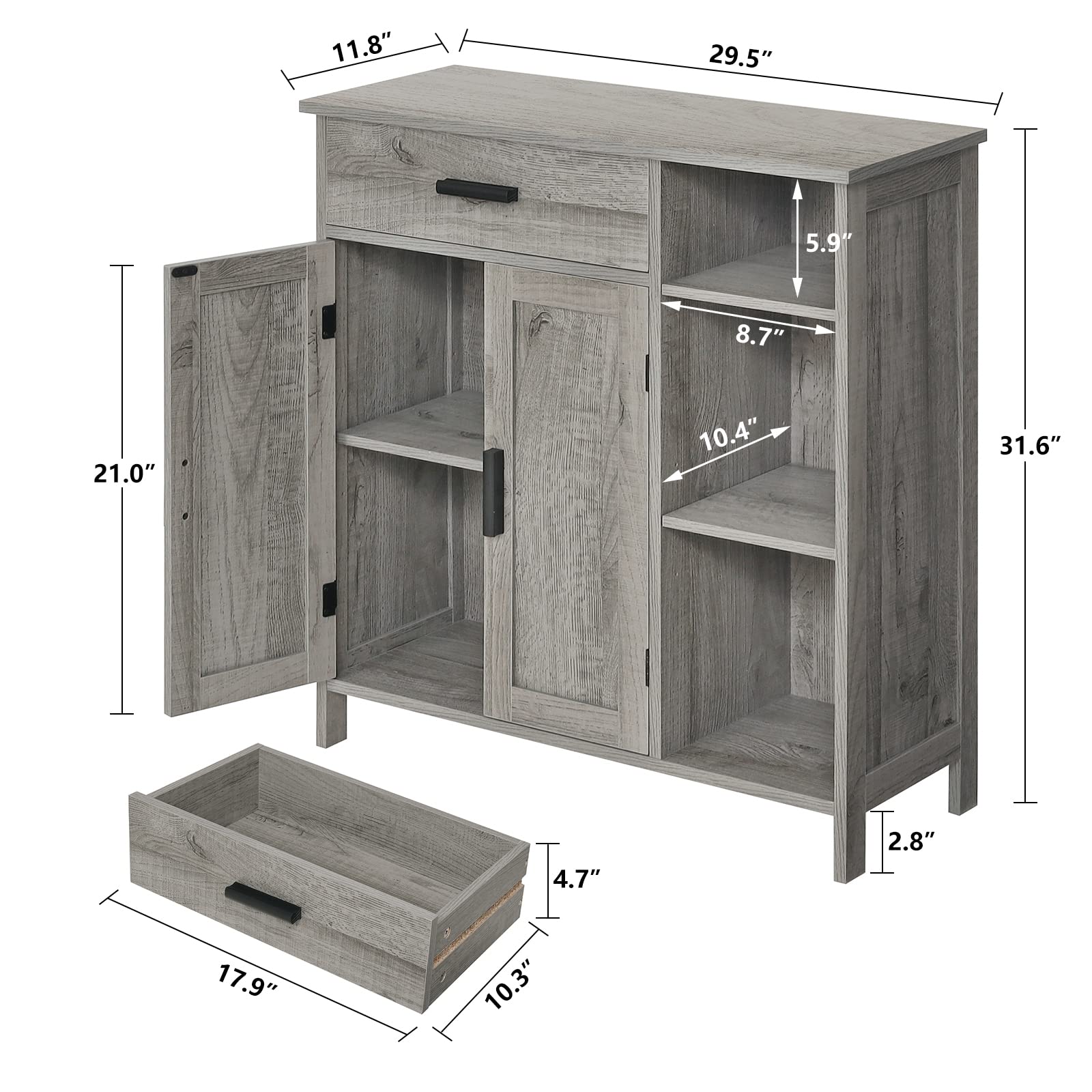 WEENFON Storage Cabinet with Drawers - Bathroom Organizer, Coffee Bar Cabinet with Doors & Shelves - Freestanding Cupboard for Living Room, Bedroom, Kitchen - Grey - Perfect for Home Organization & Small Space Storage