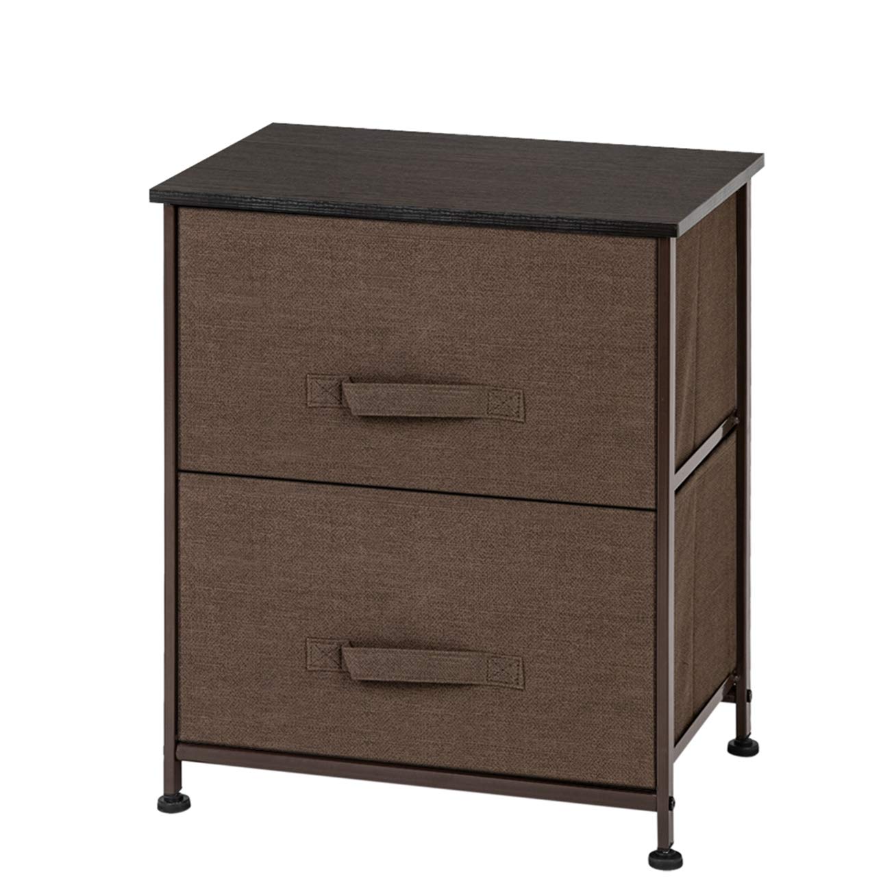 2-Drawer Nightstand with Storage Bins - Sturdy Steel Frame & Wood Top End Table - Easy Pull Fabric Drawers for Bedroom Organization - Brown Textured Print (Perfect for Small Spaces, Apartments & Dorm Rooms)