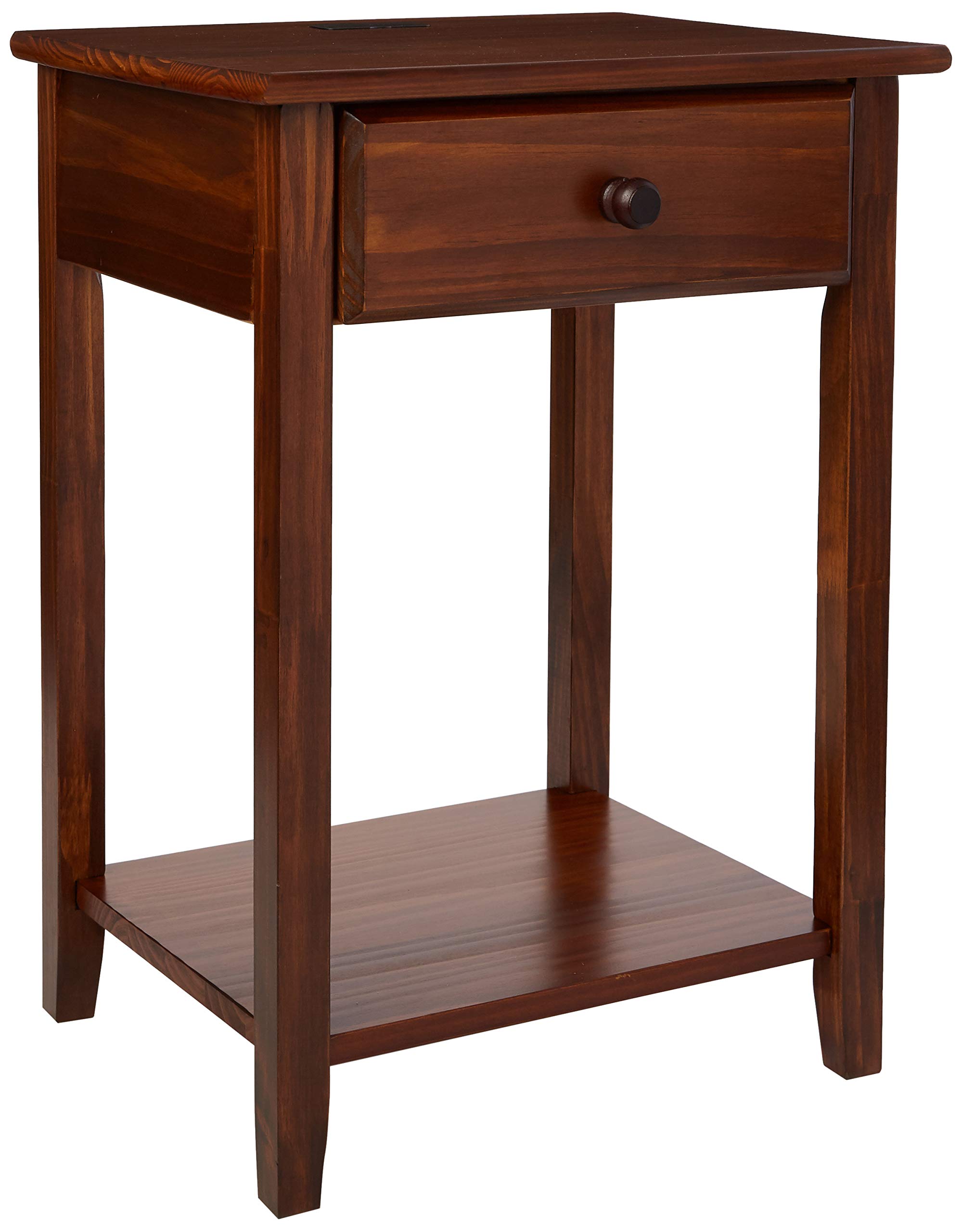 Casual Home Night Owl Nightstand with USB Ports - Warm Brown Wood Bedside Table for Bedroom, Living Room & Office - Charging Station & Storage Solution