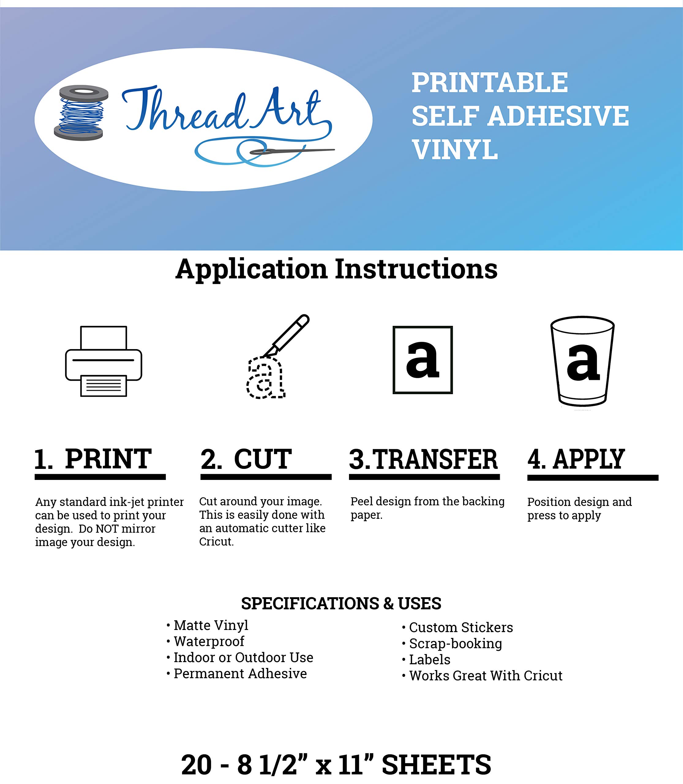 Threadart Printable Vinyl Sticker Paper - 20 Sheets 8.5x11