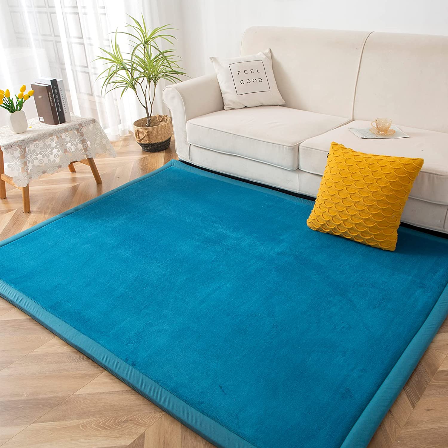 MAXYOYO Baby Play Mat - Soft Coral Velvet Thick Japanese Tatami Rug with Non-Slip Backing, Turquoise - Perfect for Nursery, Kids Room & Playtime Safety
