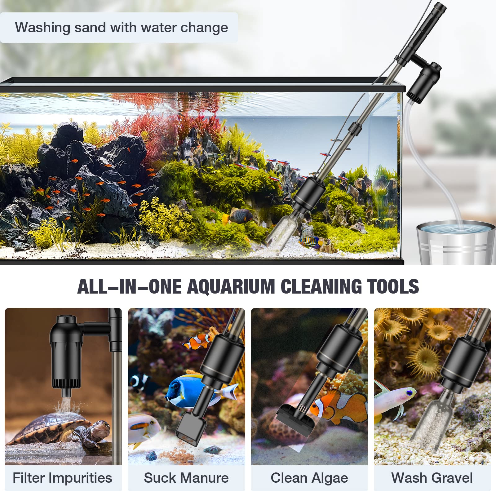 **AKKEE 6-in-1 Aquarium Gravel Cleaner – 18W Powerful Fish Tank Vacuum, Water Changer, Sand Washer & Filter Pump – IP68 Waterproof (Black) – Ideal for Freshwater & Saltwater Tank Maintenance**