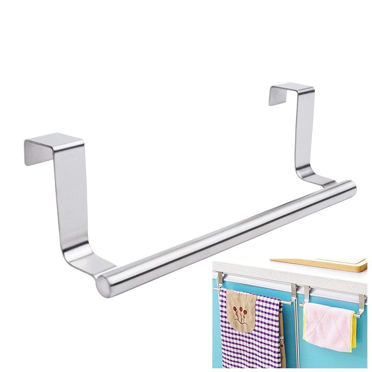 RISSACHI Stainless Steel Towel Bar Holder - Over Door Cabinet Hanger for Kitchen, Bathroom & Closet Organization - Space Saving Drawer Storage Solution for Towels, Robes & Clothes