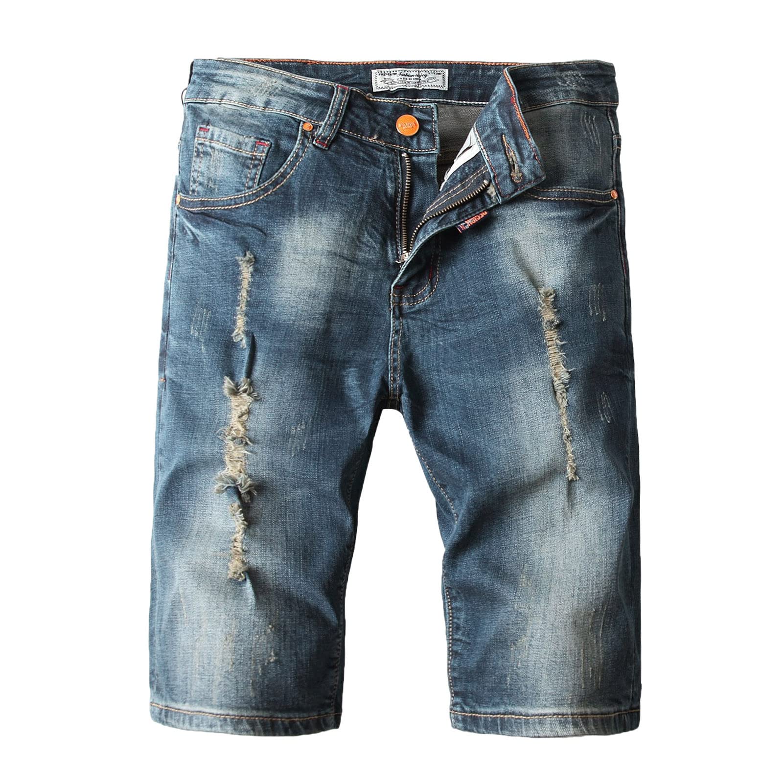 Men's Straight Fit Denim Shorts with Buckle & Zipper for Casual Wear