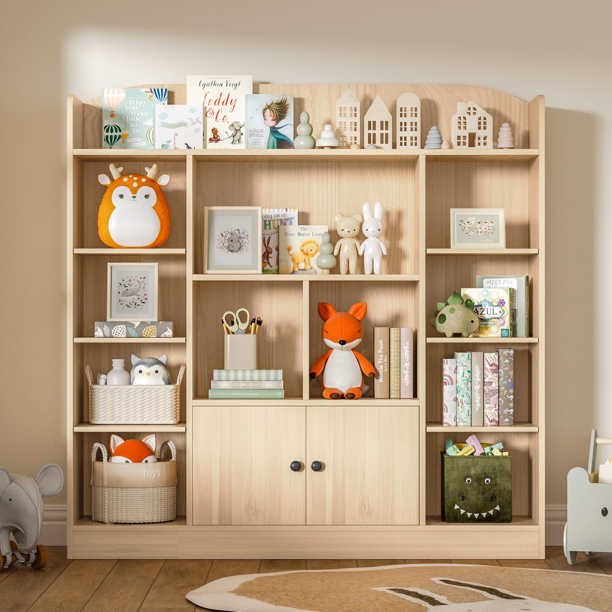 Oak Kids Bookshelf - 11 Cubbies & 2 Cabinets Book Storage Organizer for Children's Bedroom, Playroom, Nursery & Hallway | Durable Freestanding Bookcase for Toys, Storybooks & School Supplies
